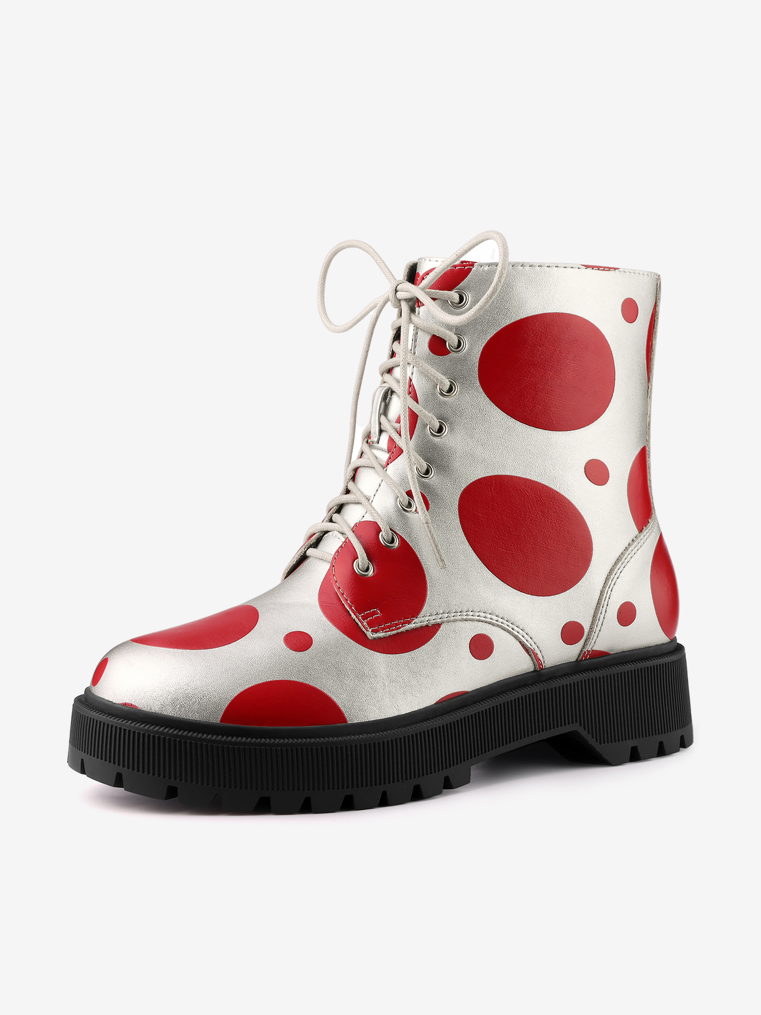 Polka Dots Platform Zipper Lace Up Combat Disco Boots Silver Red/7.5