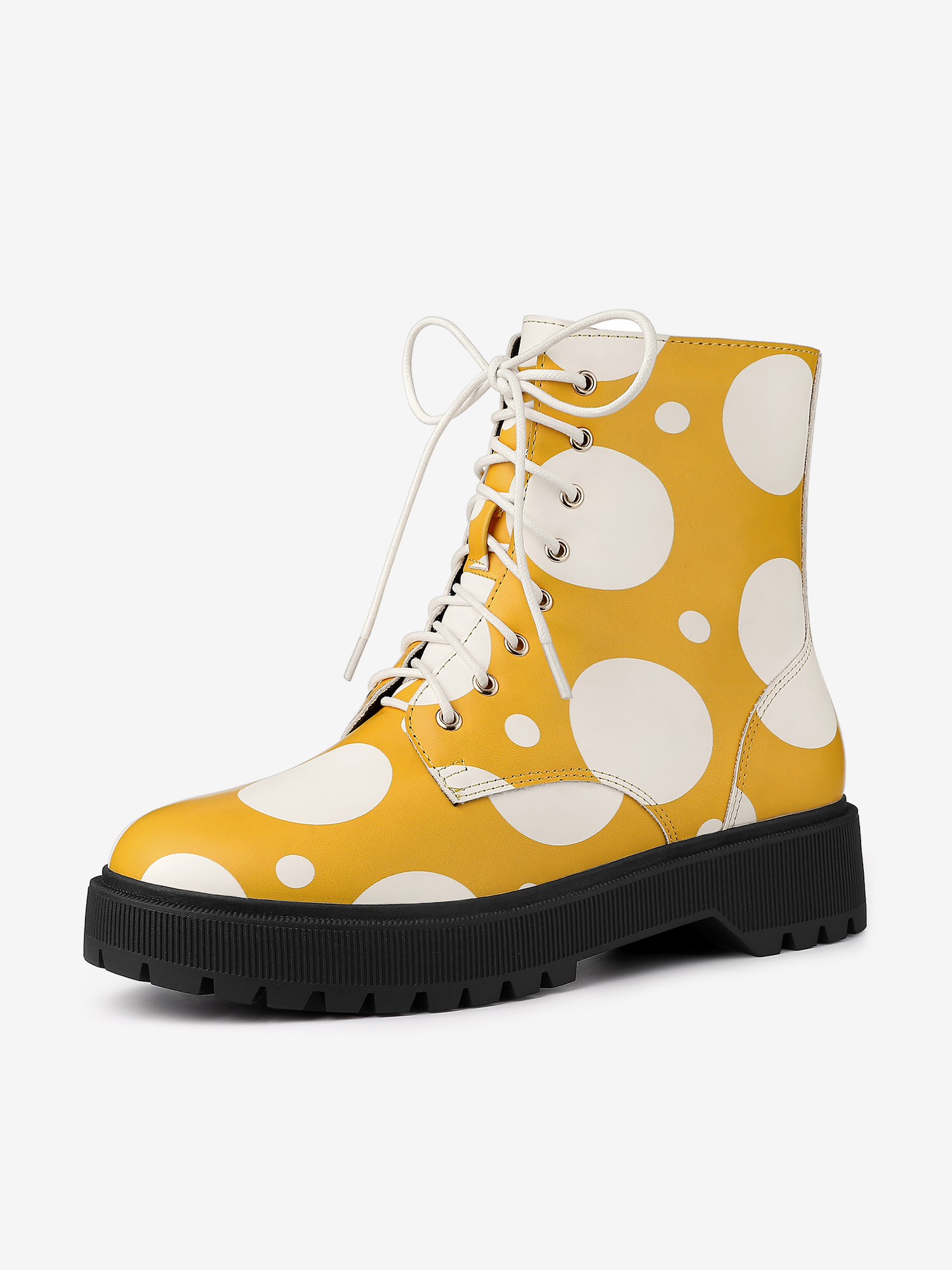 Polka Dots Platform Zipper Lace Up Combat Disco Boots Yellow White/7