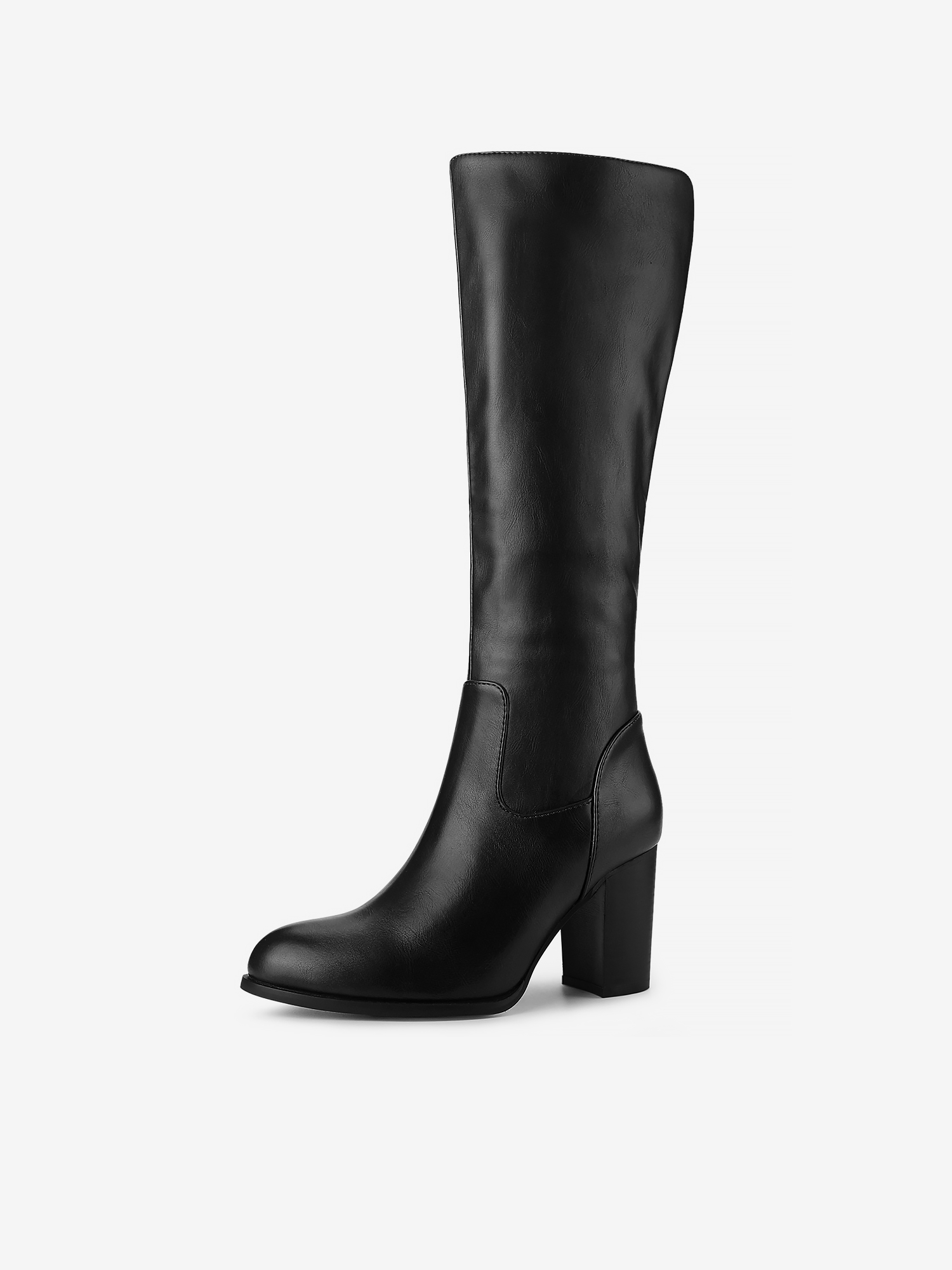 Faux Leather Round Toe Block Heel Knee High Boots Black/6