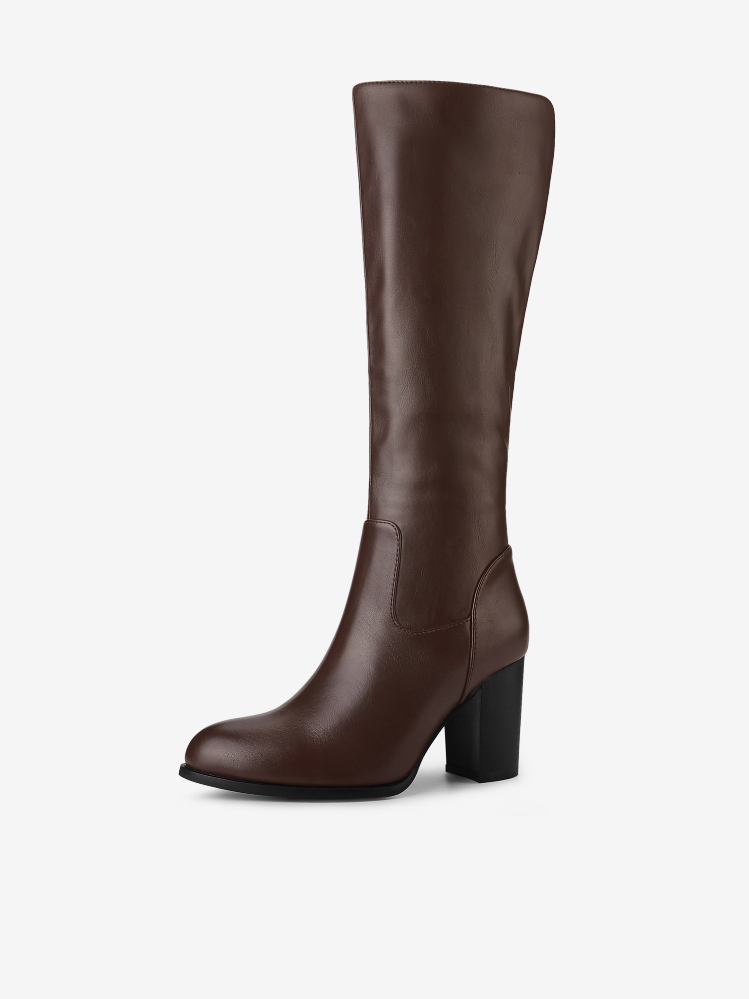Faux Leather Round Toe Block Heel Knee High Boots Coffee/9