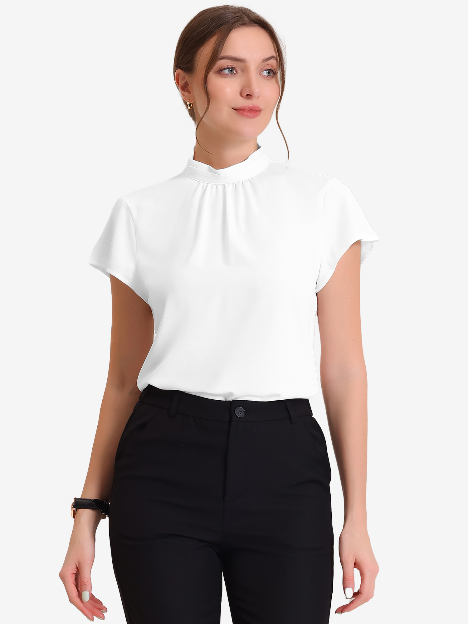 Mock Neck Work Top Cap Sleeve Pleated Front Basic Solid Blouse White/L