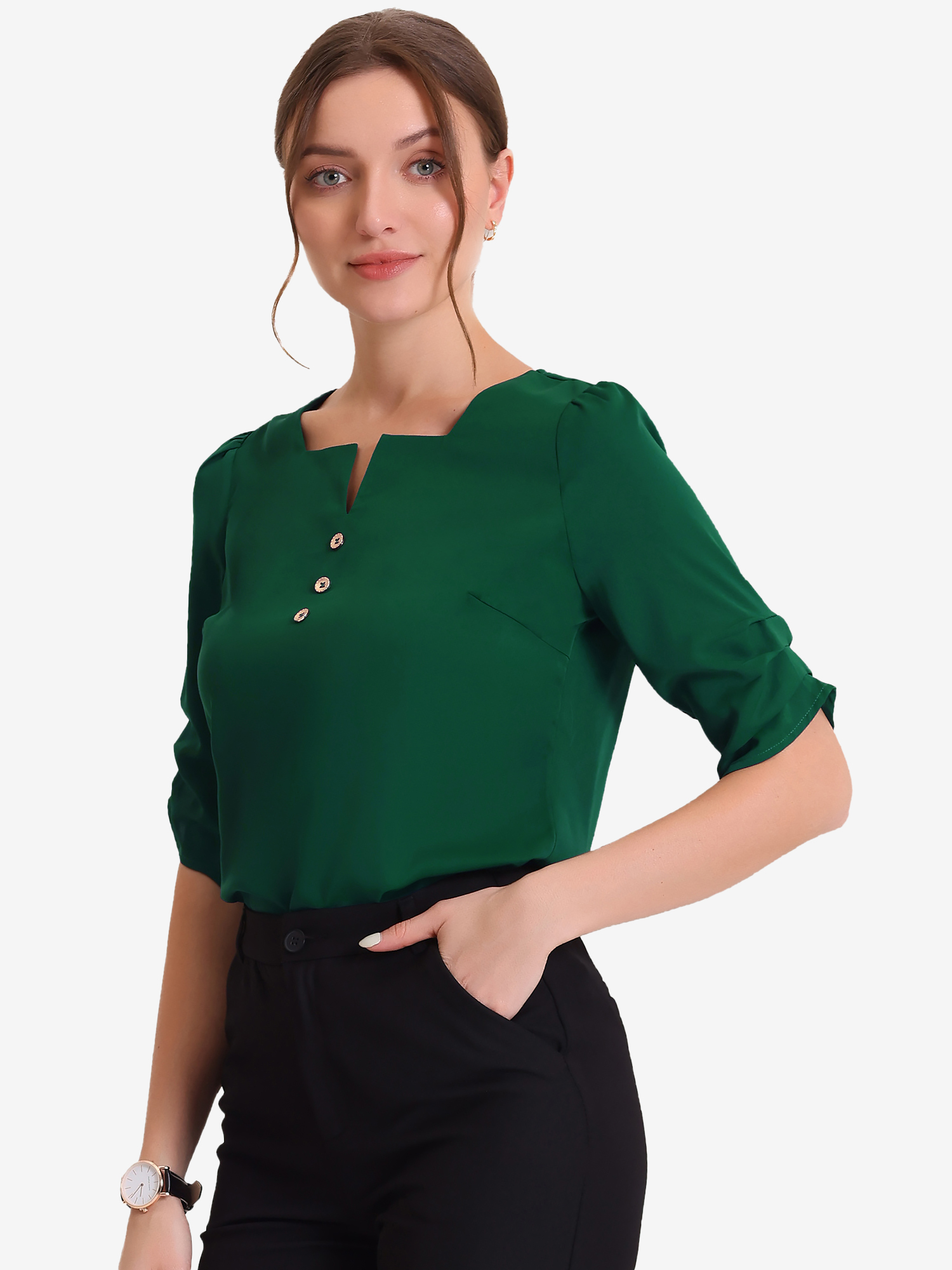 Square Neck Pleated Tops Ruched Sleeve Chiffon Office Work Blouse Dark Green/L