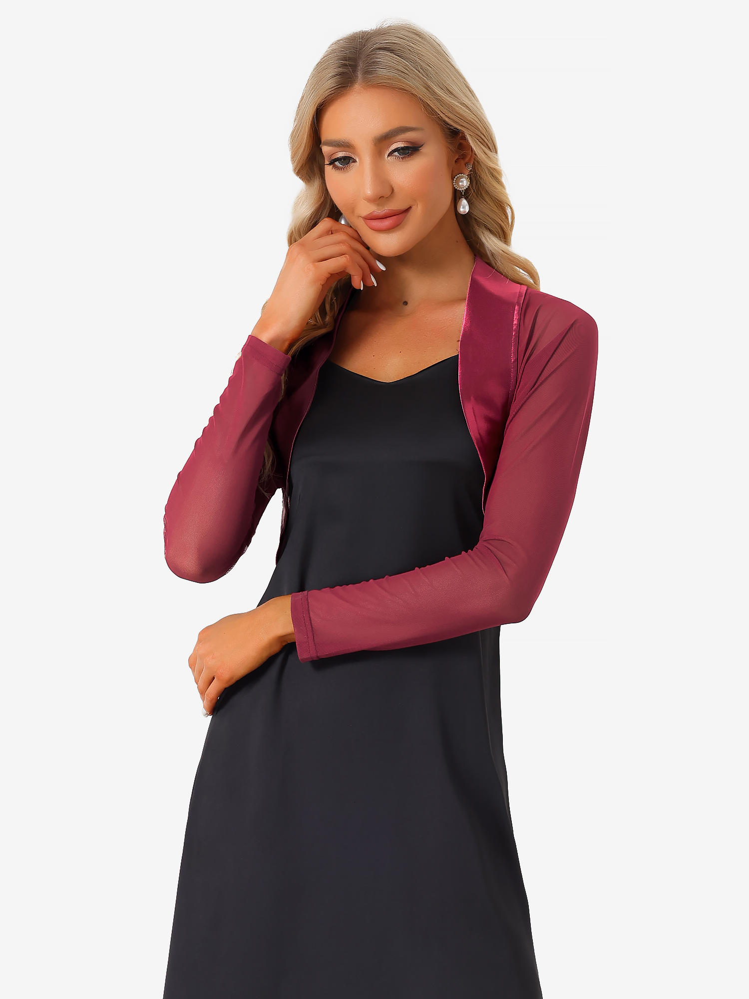 Satin Mesh Sheer Open Front Elegant Cropped Bolero Shrugs Wine Red/M