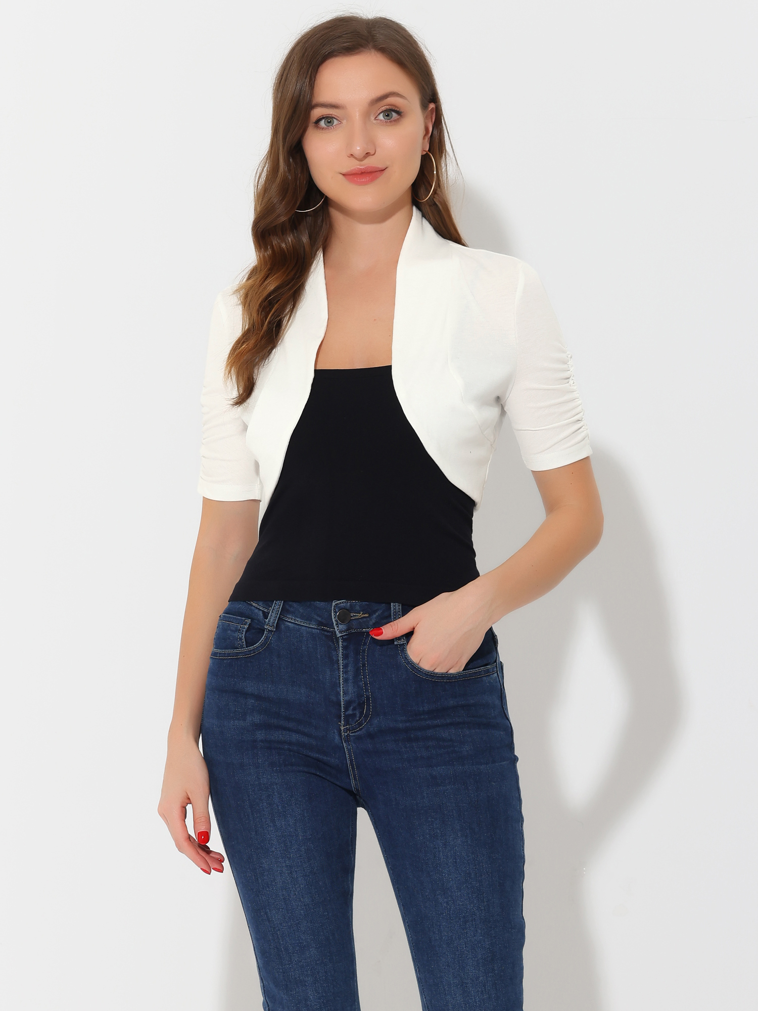 Short Ruched Sleeve Open Front Knit Cropped Bolero Shrugs White/S