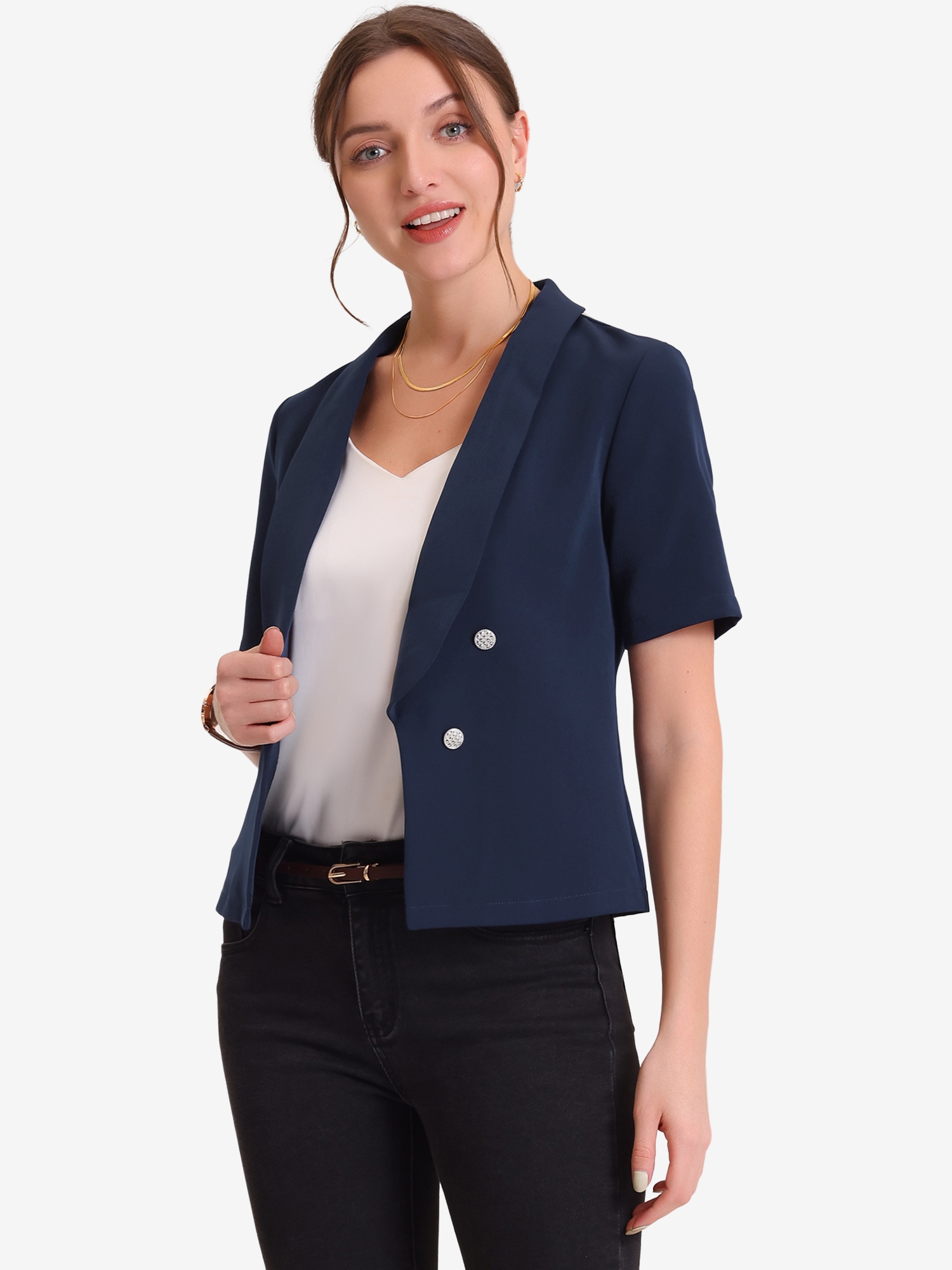 Casual Shawl Collar Open Front Cardigan Short Sleeve Work Blazer Navy Blue/S