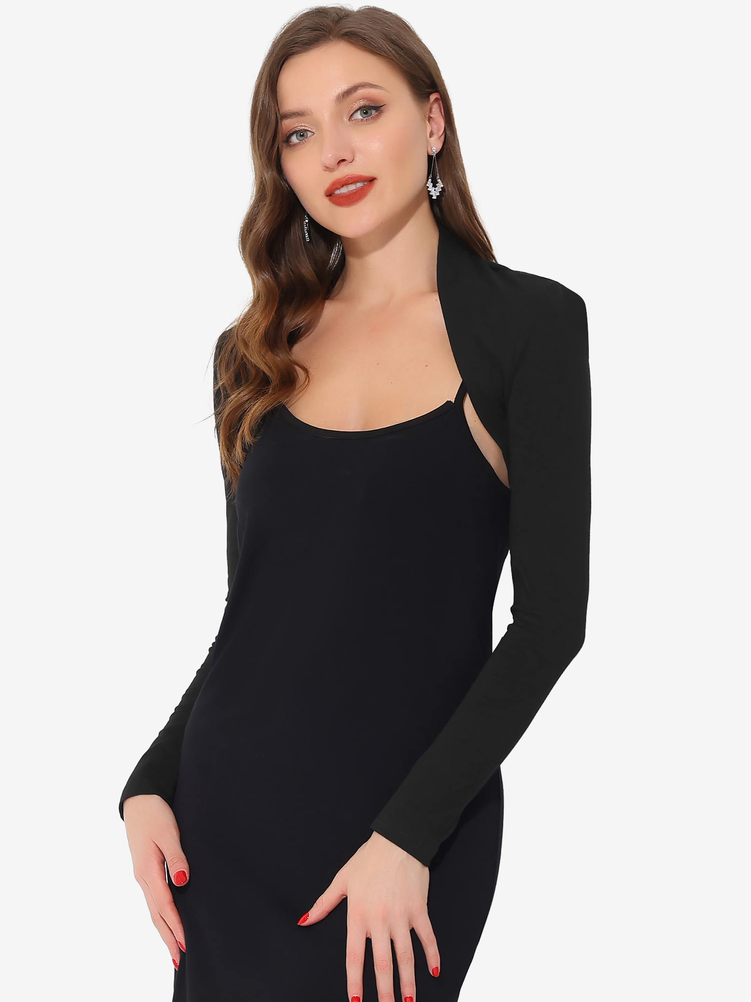 Elegant Long Sleeve Knit Open Front Cropped Bolero Shrug Black/L