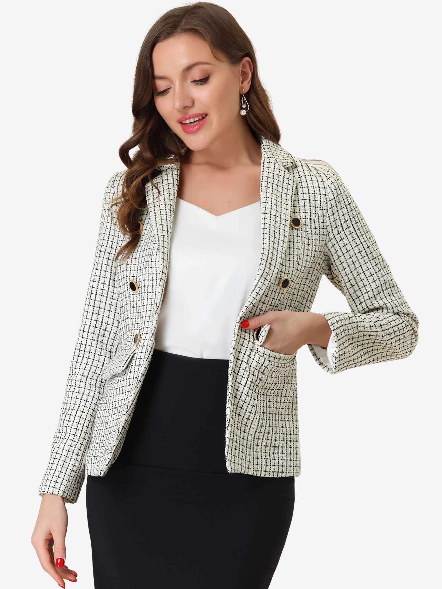 Tweed Plaid Long Sleeves Notched Lapel Open Front Blazer Jacket Beige/S