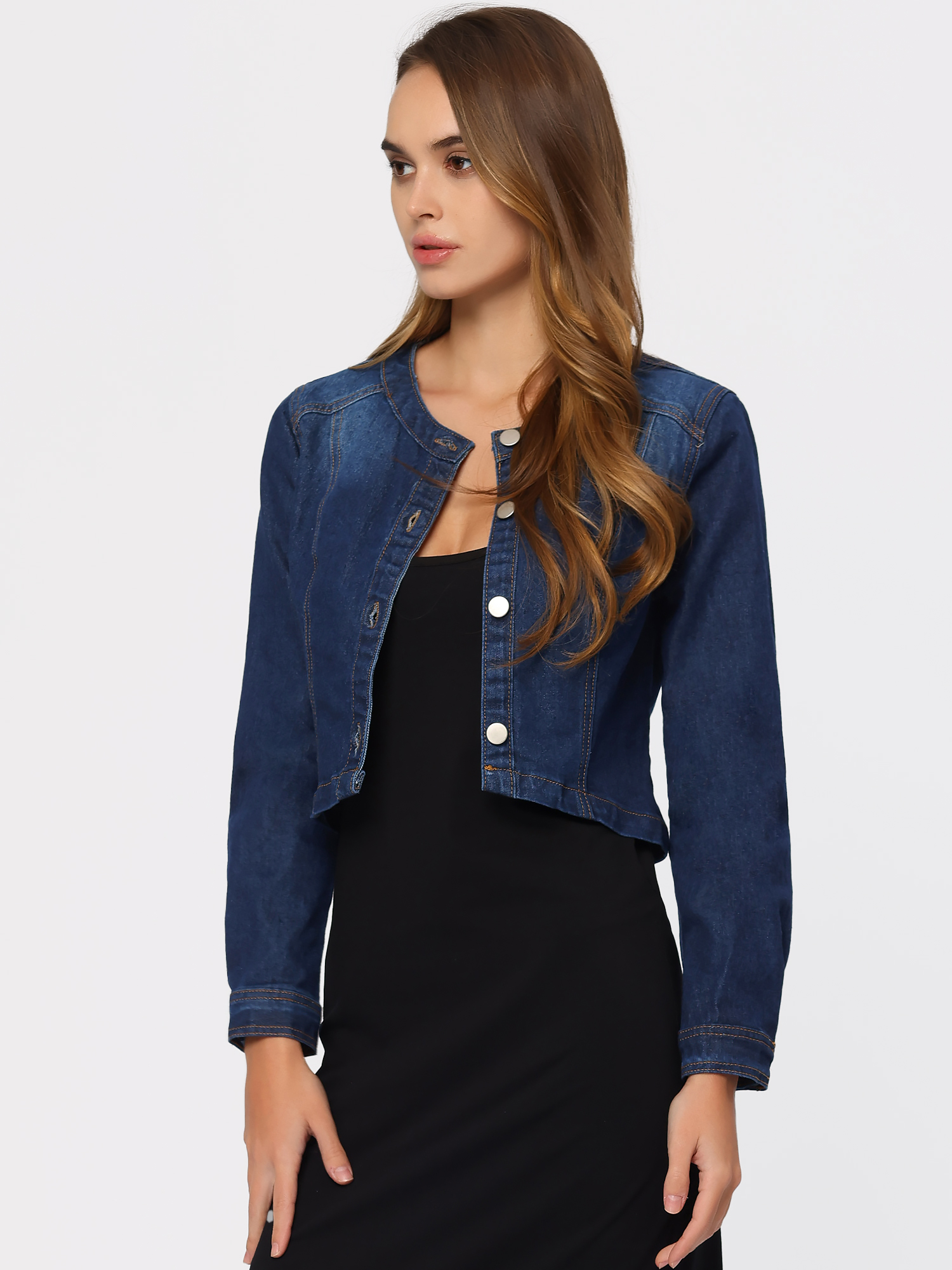 Denim Collarless Long Sleeve Button Down Crop Jean Jacket Dark Blue/XL