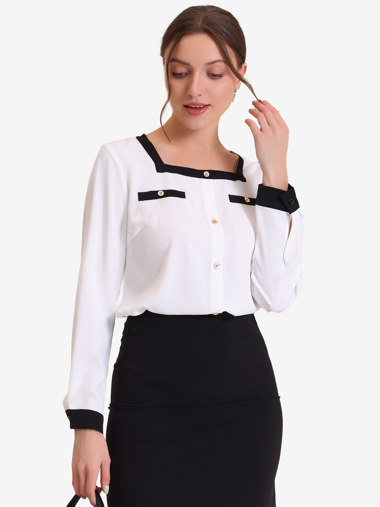 Work Color Block Long Sleeve Career Square Neck Elegant Blouse White/XS