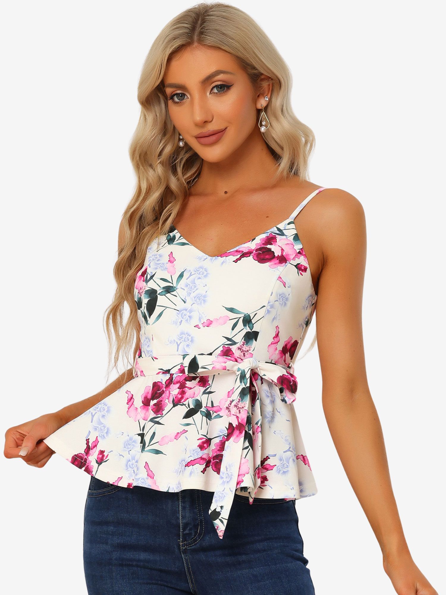 Floral Sleeveless Cami Spaghetti Strap Tie Waist Peplum Blouse Beige/M