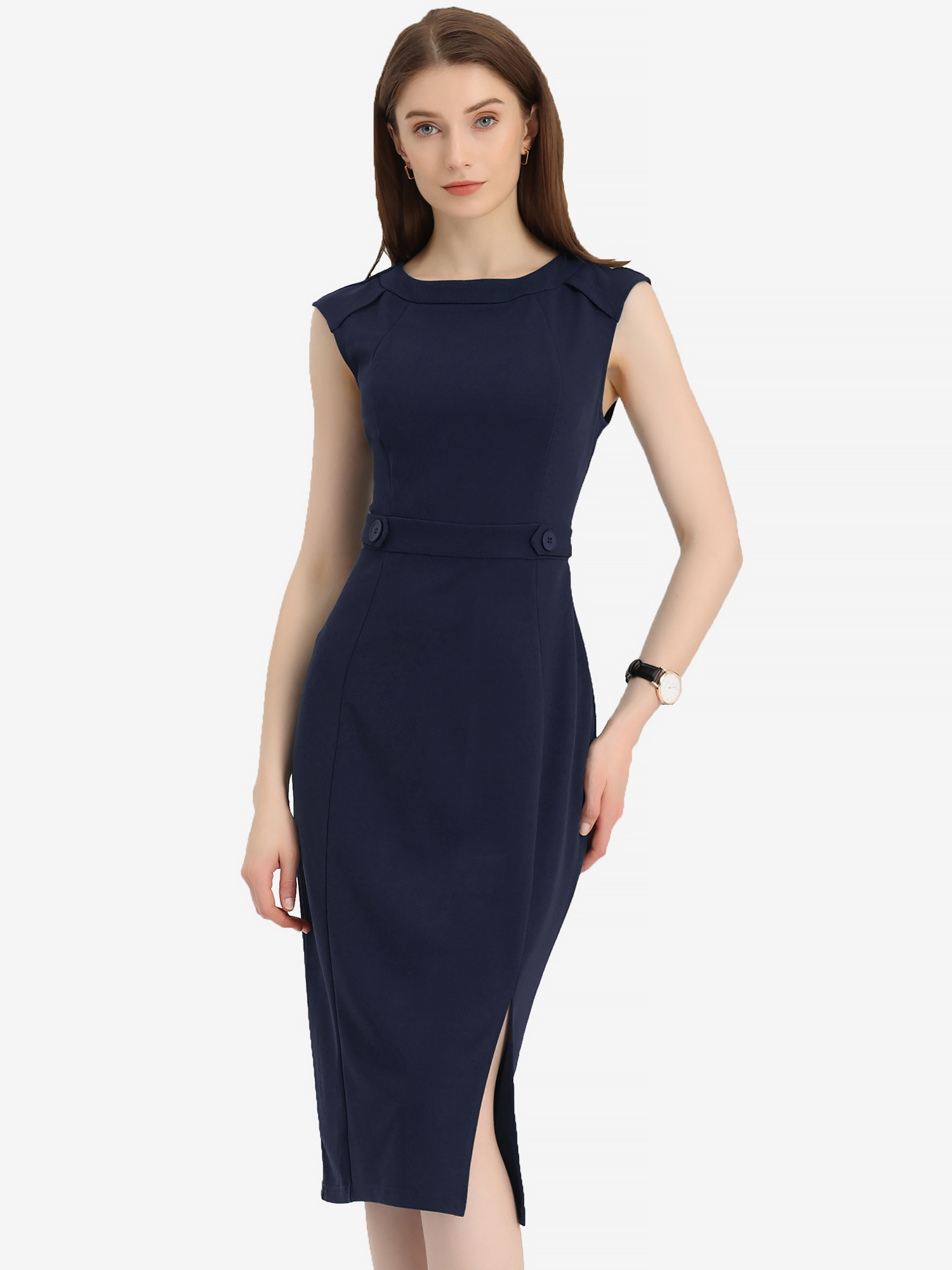 Round Neck Slim Fit Sleeveless Split Work Pencil Sheath Dress Navy Blue/XS