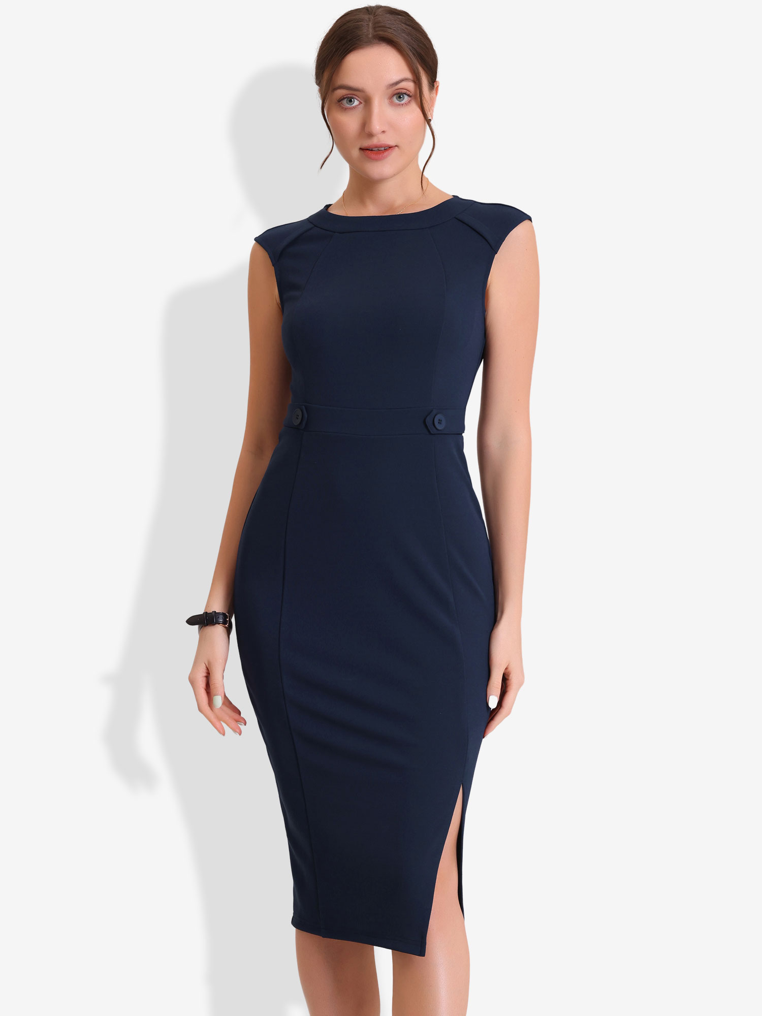 Round Neck Slim Fit Sleeveless Split Work Pencil Sheath Dress Navy Blue/M