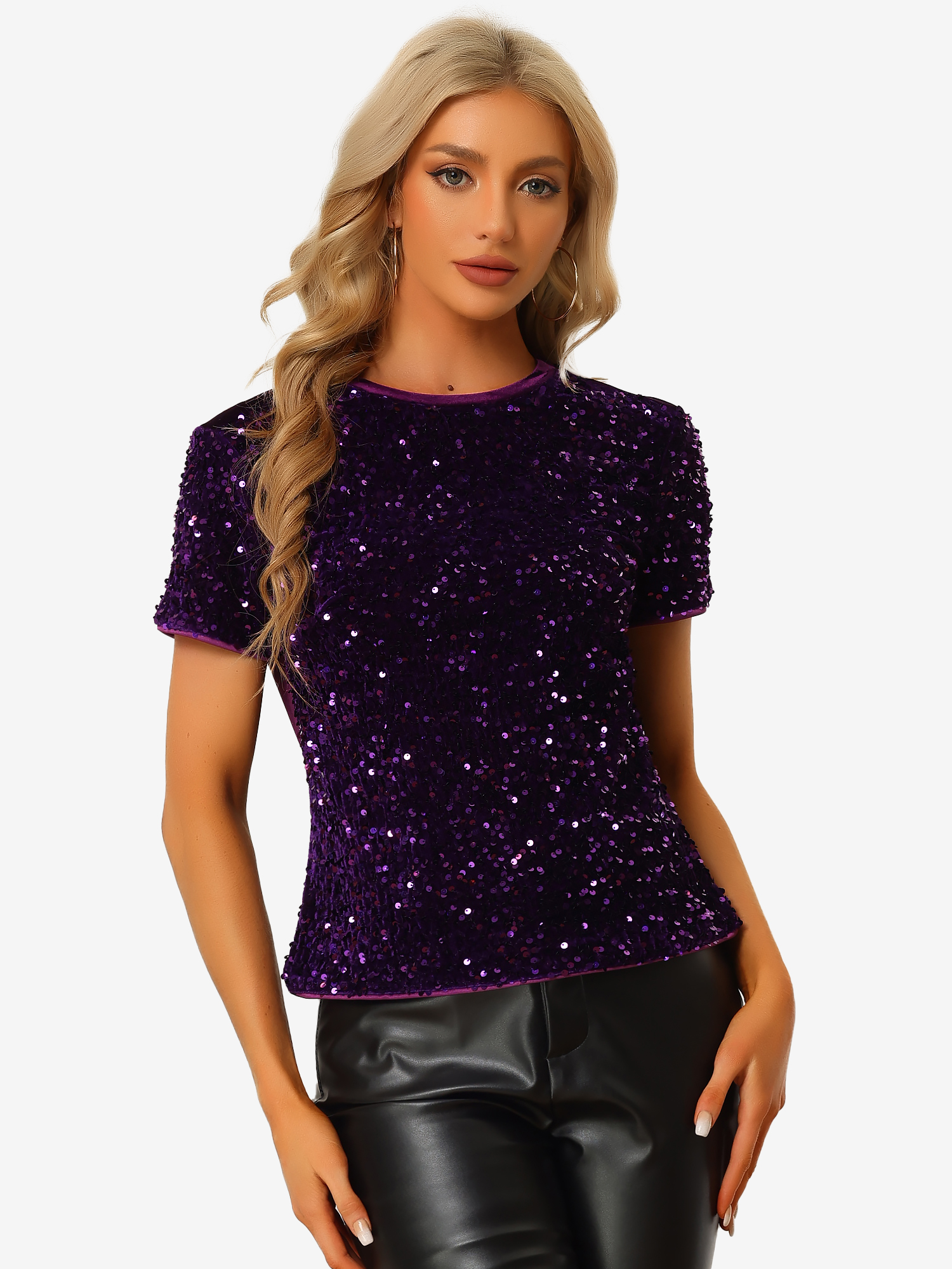 Glitter Sequin Velvet Crew Neck Short Sleeve Party Clubwear Blouse Purple/M
