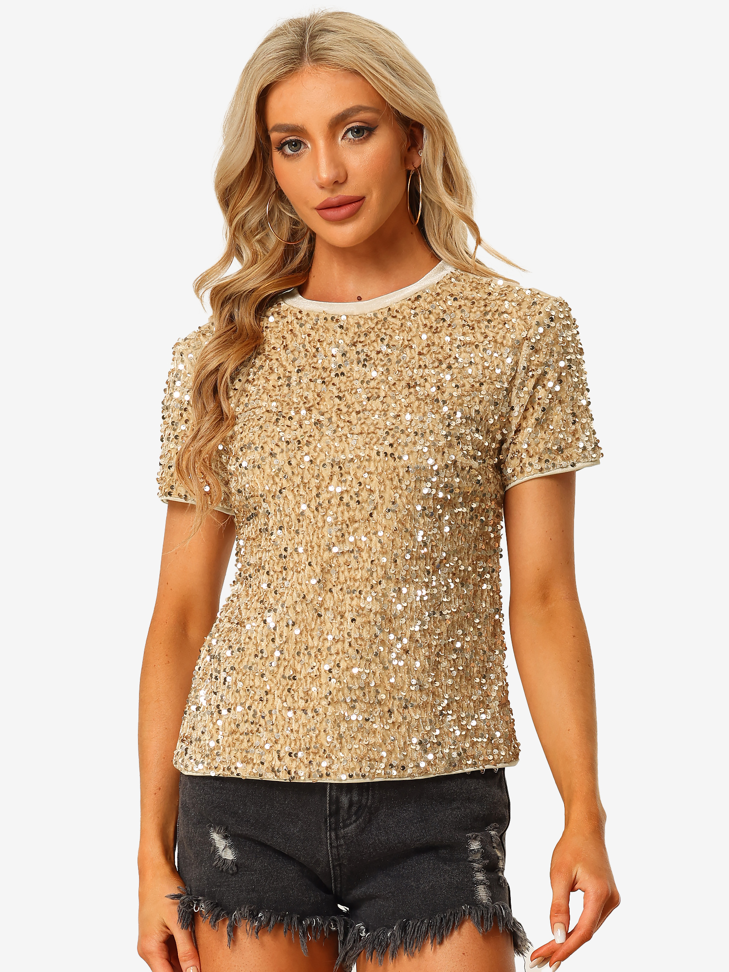 Glitter Sequin Velvet Crew Neck Short Sleeve Party Clubwear Blouse Gold/S