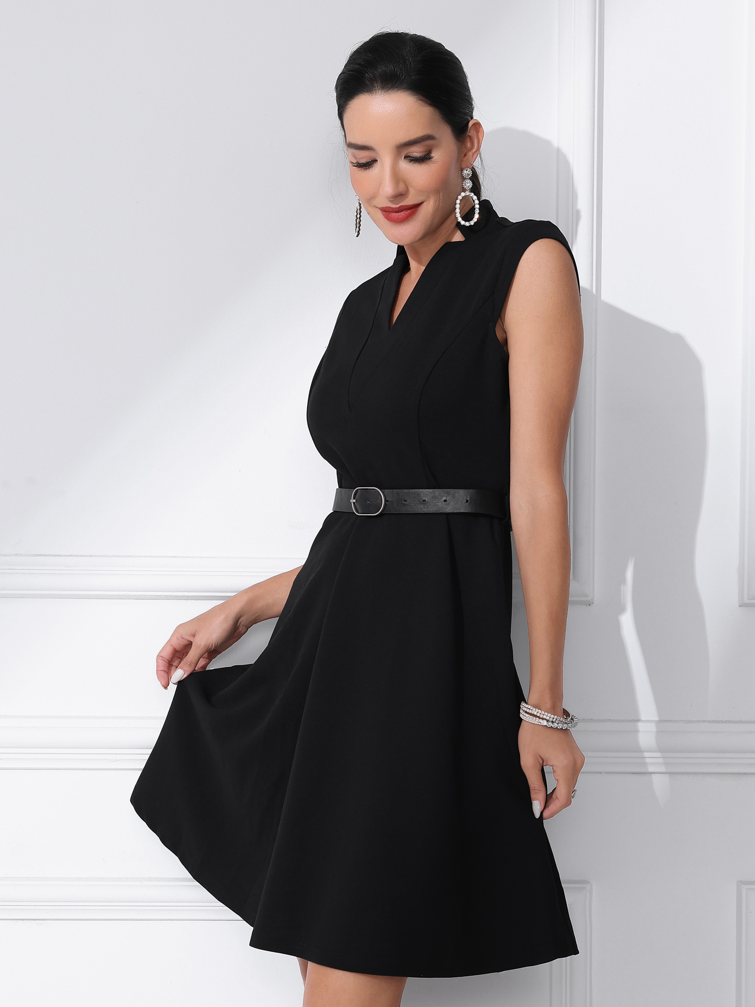 Office V Neck Work Sleeveless A-line Midi Solid Belted Dress Black/XS