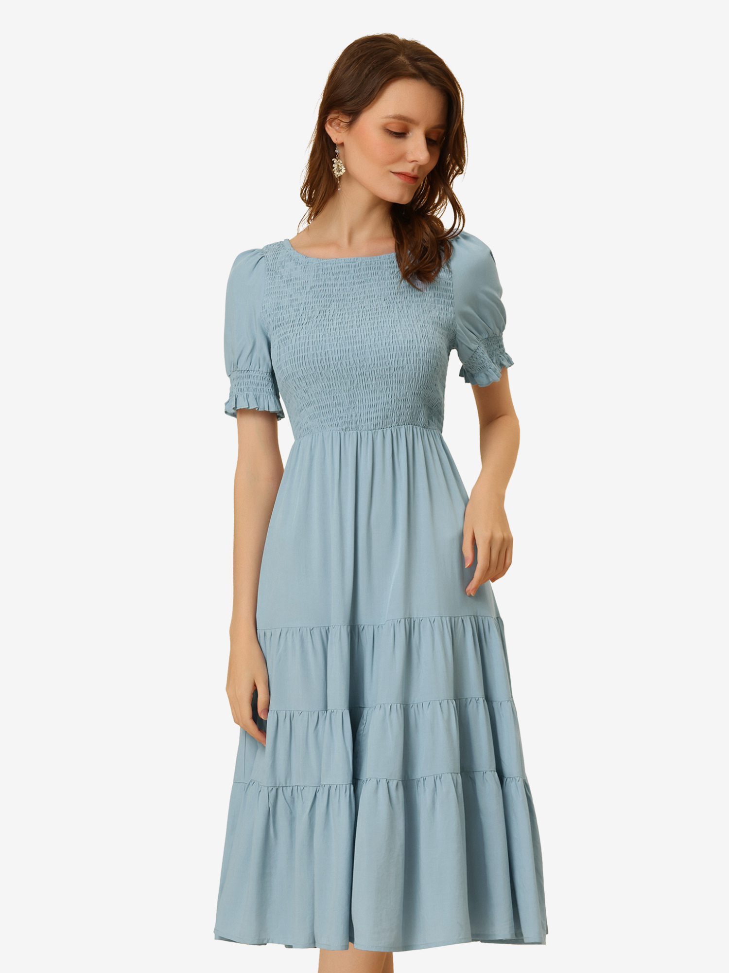 Peasant Smocked Short Sleeve Midi Summer Casual Tiered A-Line Dress Blue/M