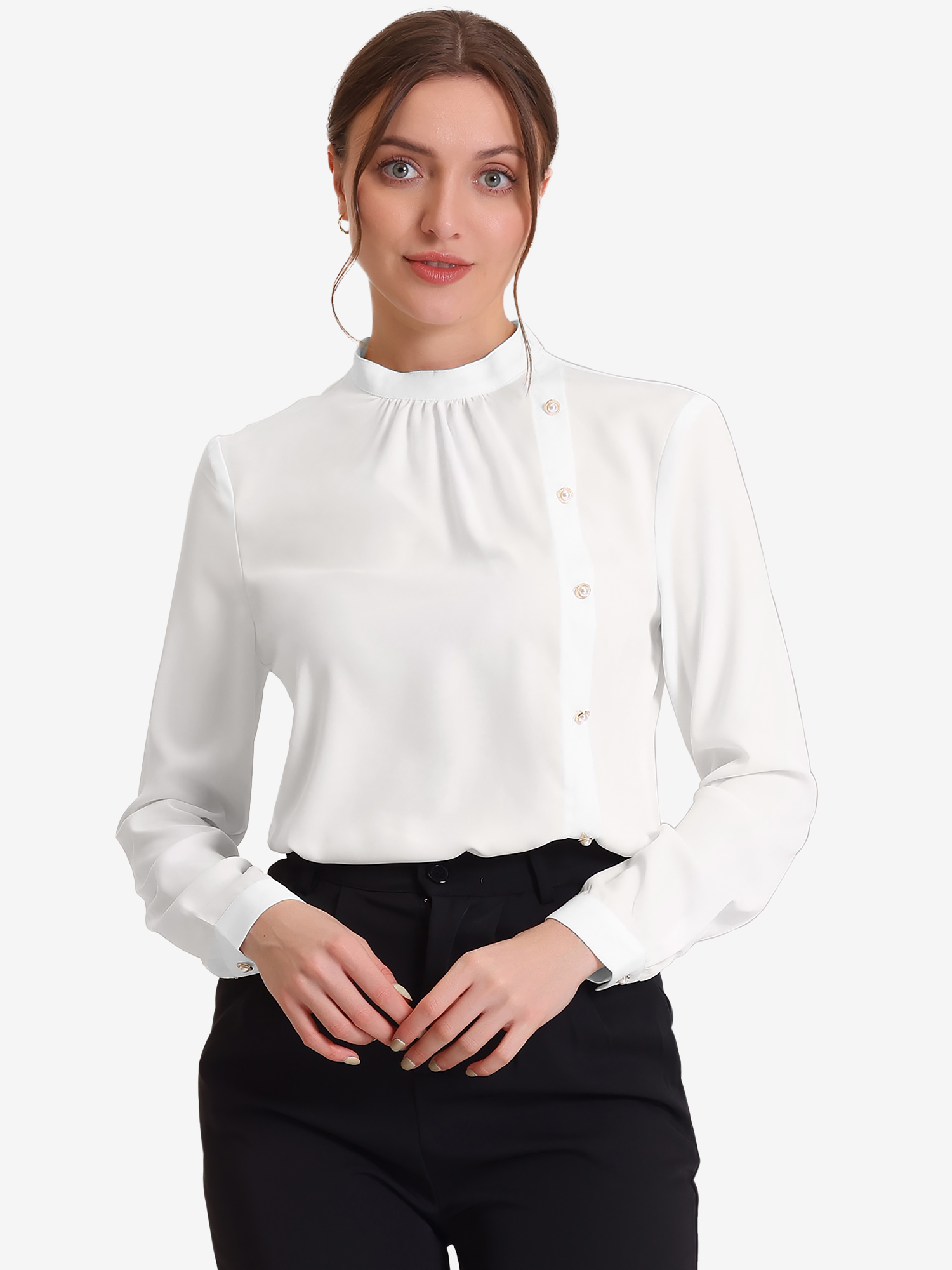Office Shirt Elegant Stand Collar Long Sleeve Vintage Blouse White/L