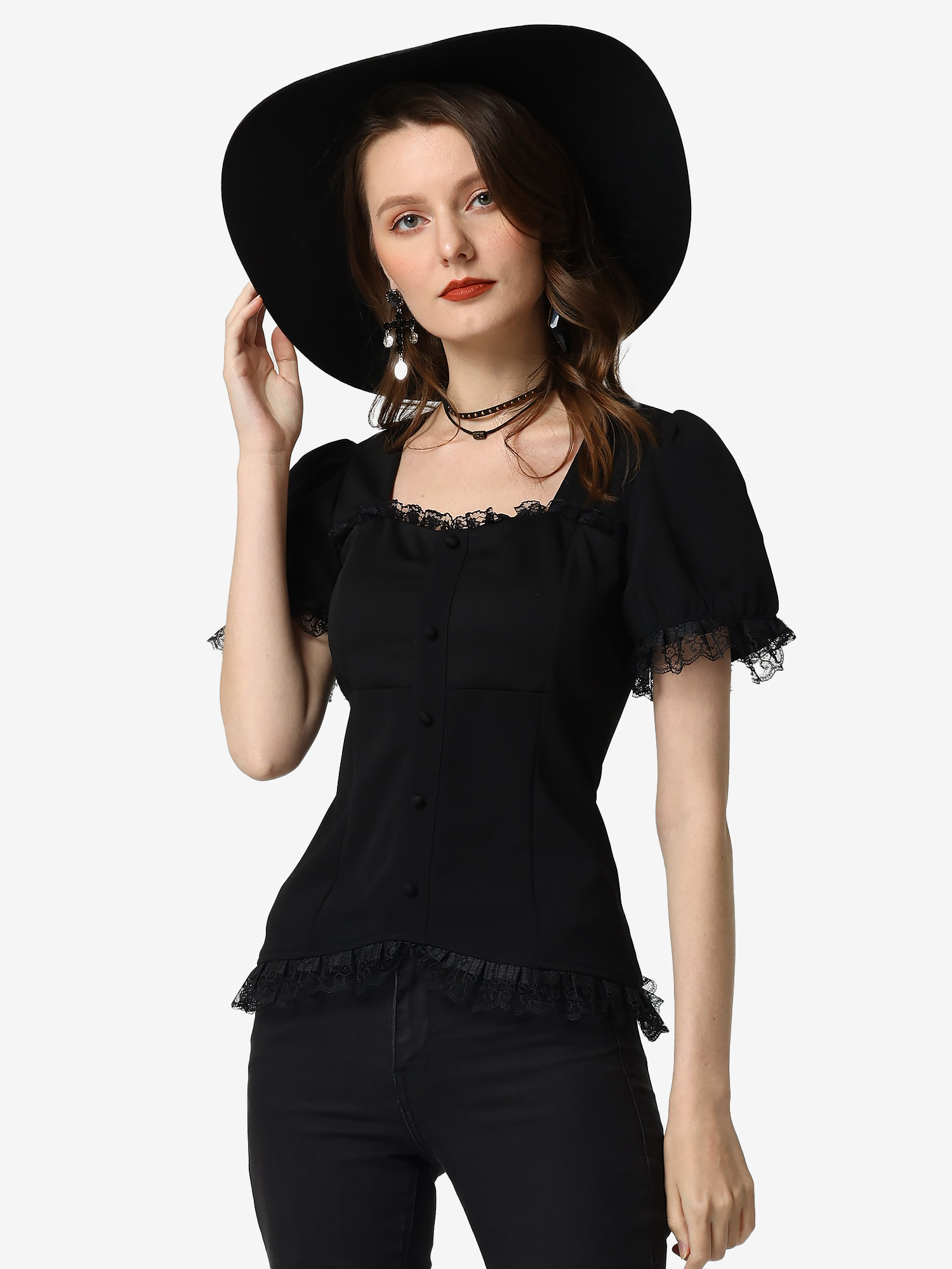 Sweetheart Neck Puff Short Sleeve Lace Up Gothic Blouse Black/XL