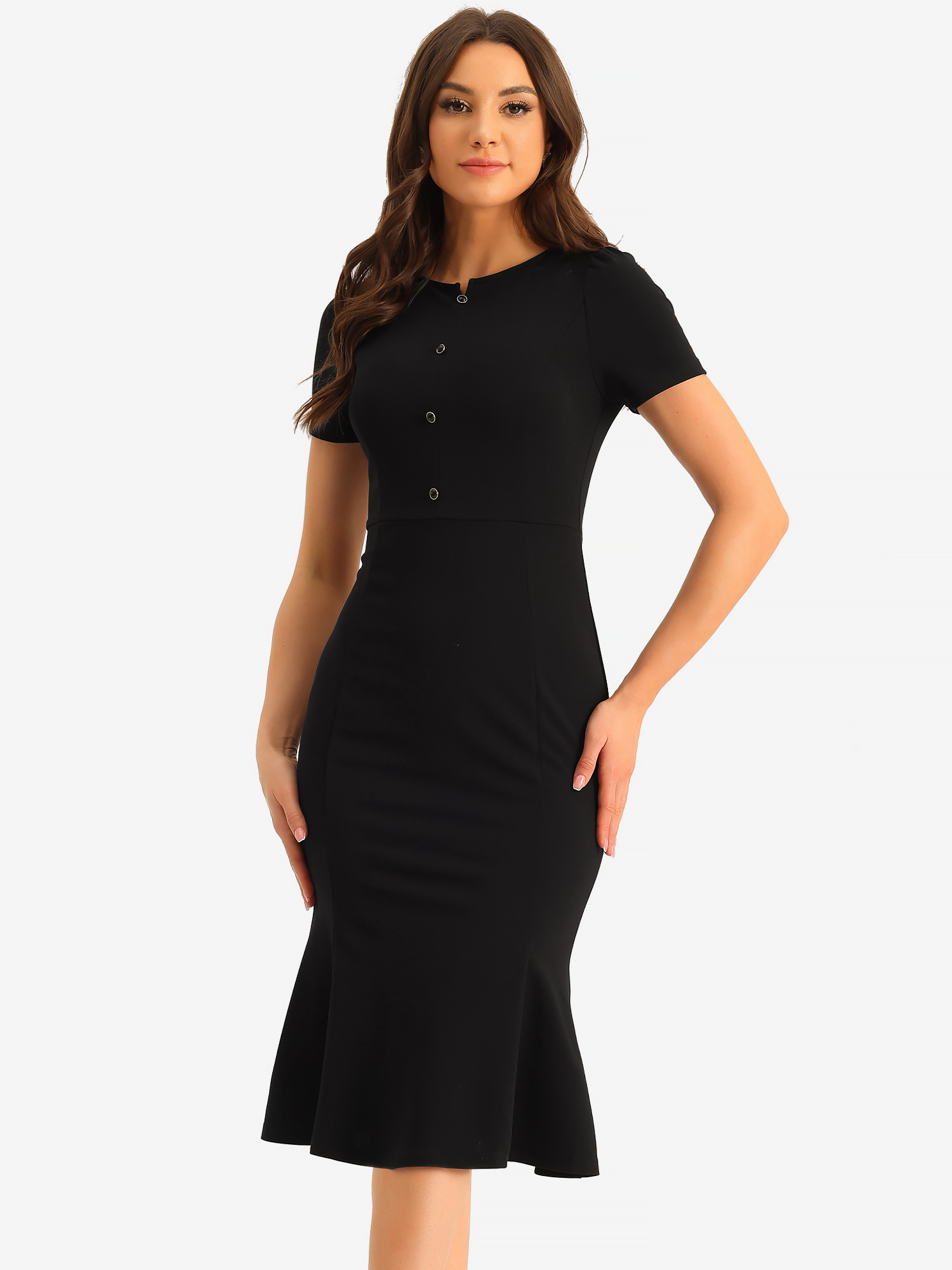 Vintage Work Tie Neck Short Sleeve Mermaid Bodycon Midi Dress Black/XS