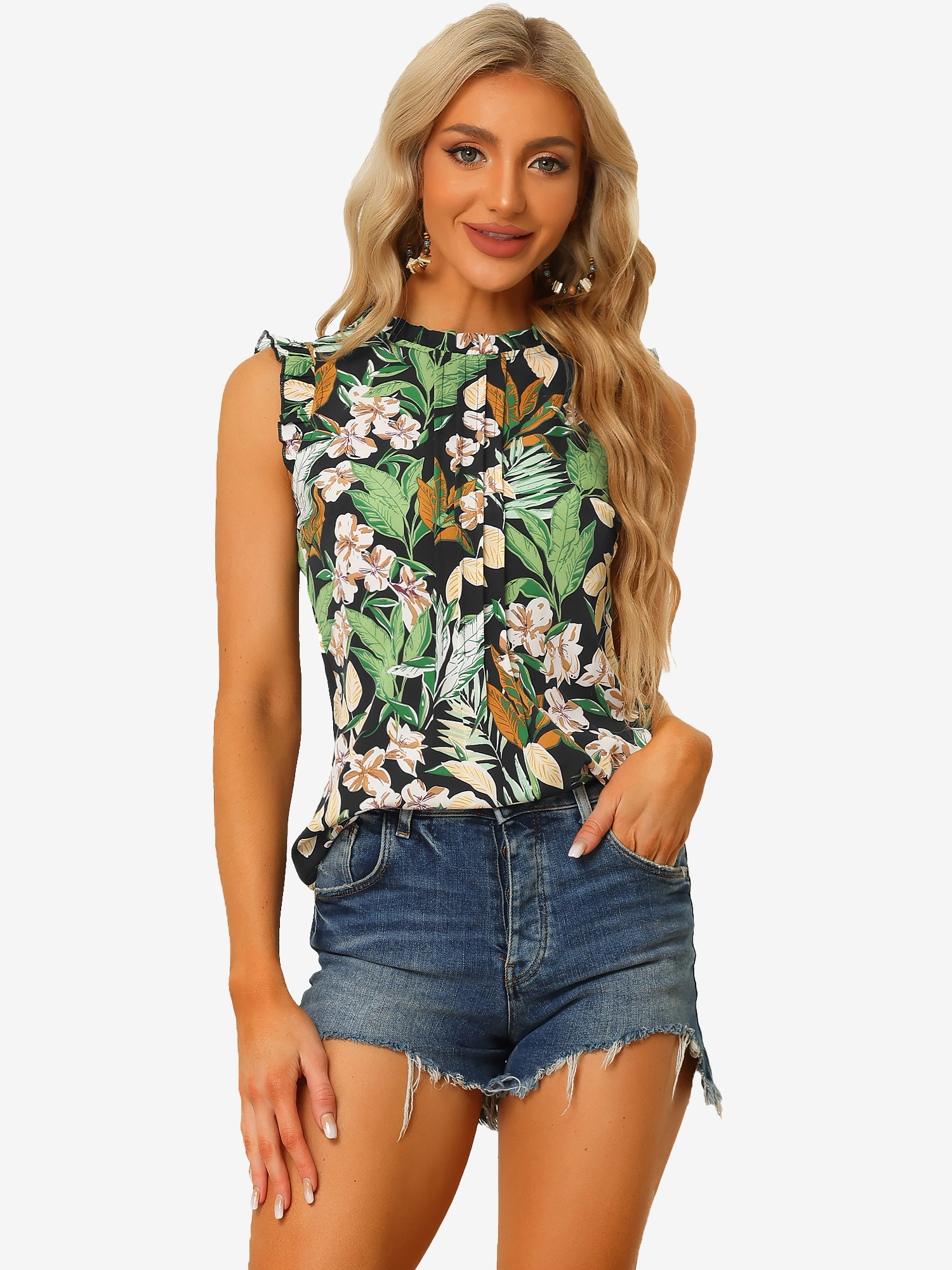 Ruffled Floral Casual 1950s Retro Sleeveless Blouses Black-Floral/M