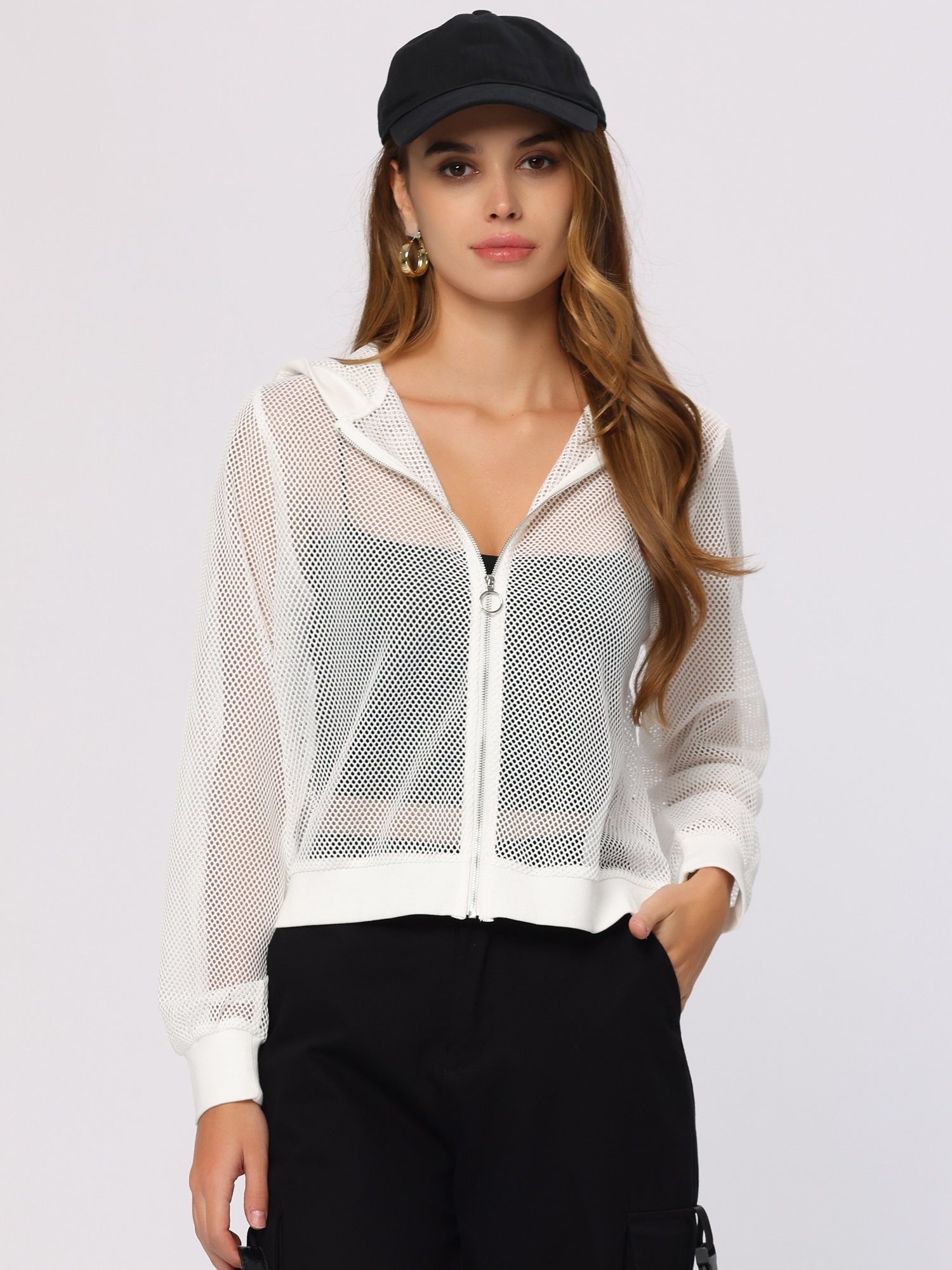 Zip Up Long Sleeve Mesh Sheer Hoodie Bomber Jackets White/S