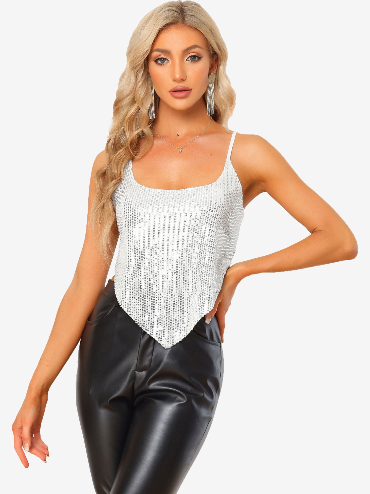 Sequin Spaghetti Straps Criss Cross Backless Party Crop Cami Top White/S