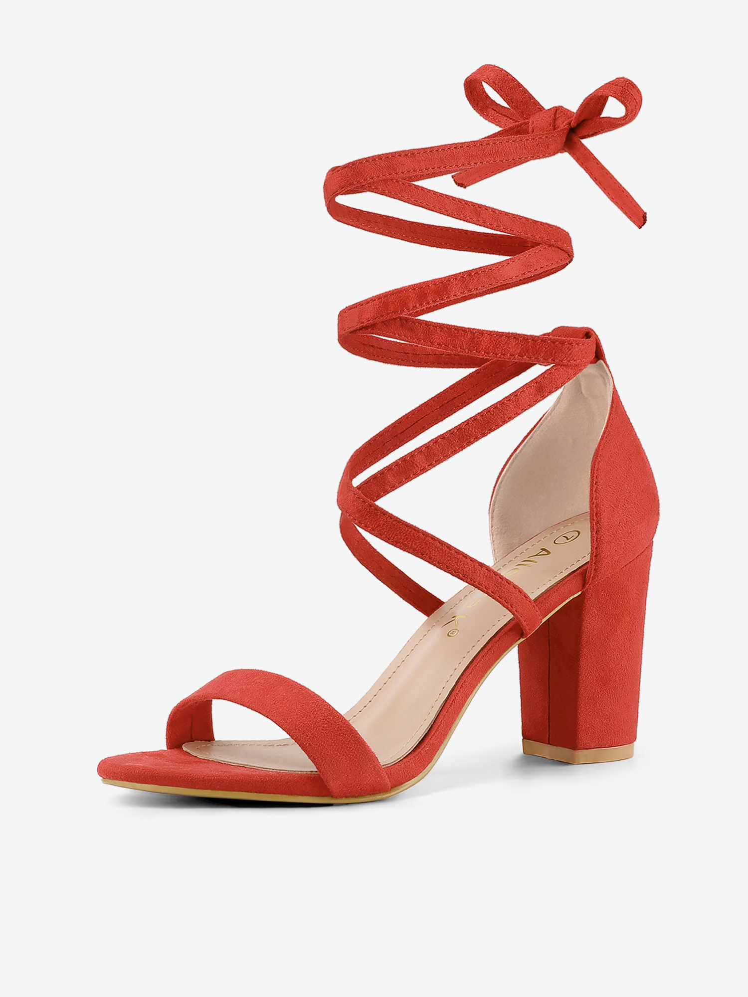 Faux Suede Open Toe Lace-Up Chunky High Heel Sandals Orange/8