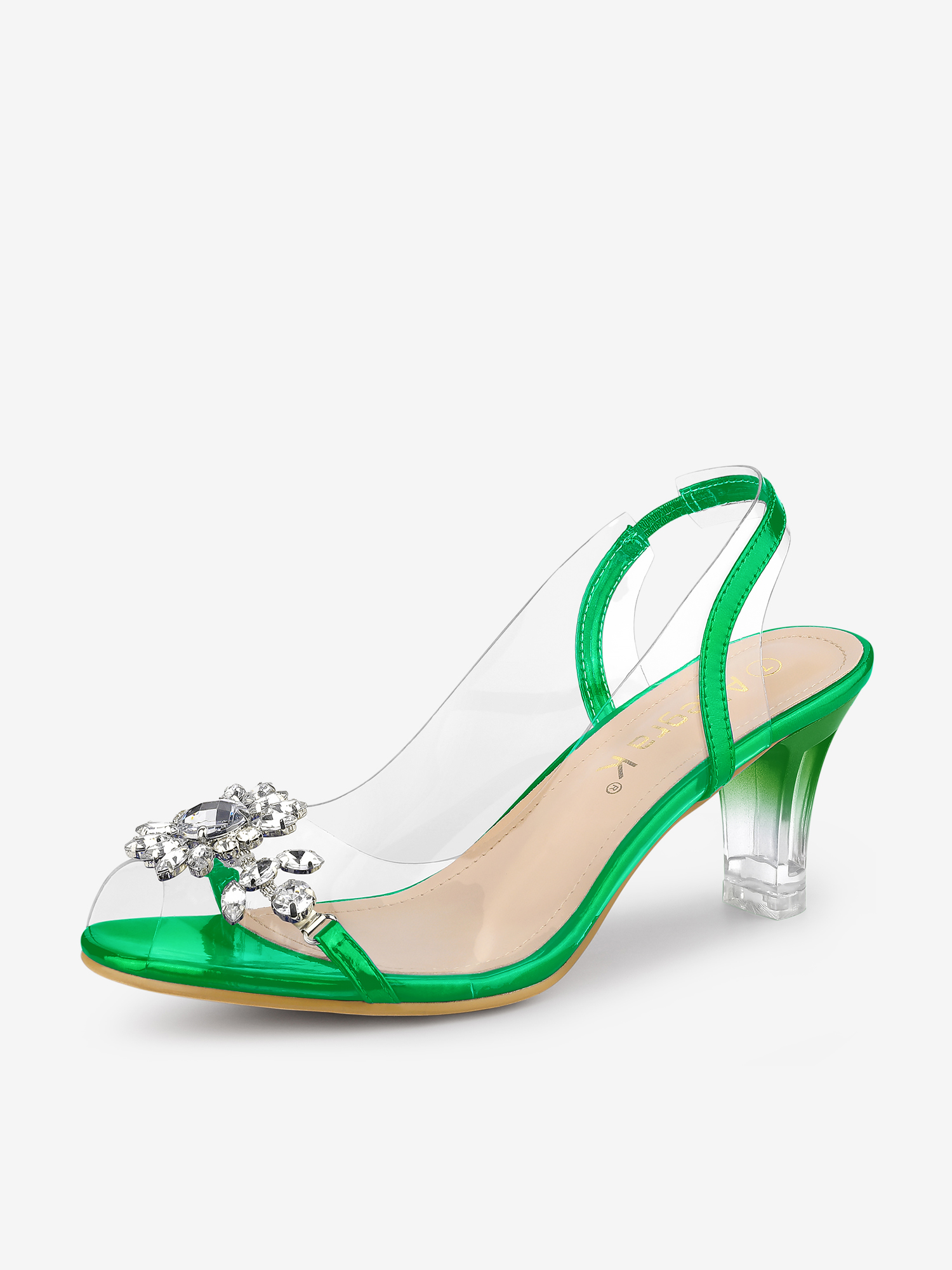 Clear Slingback Flower Rhinestone Peep Toe Heel Sandals Grass Green/5.5