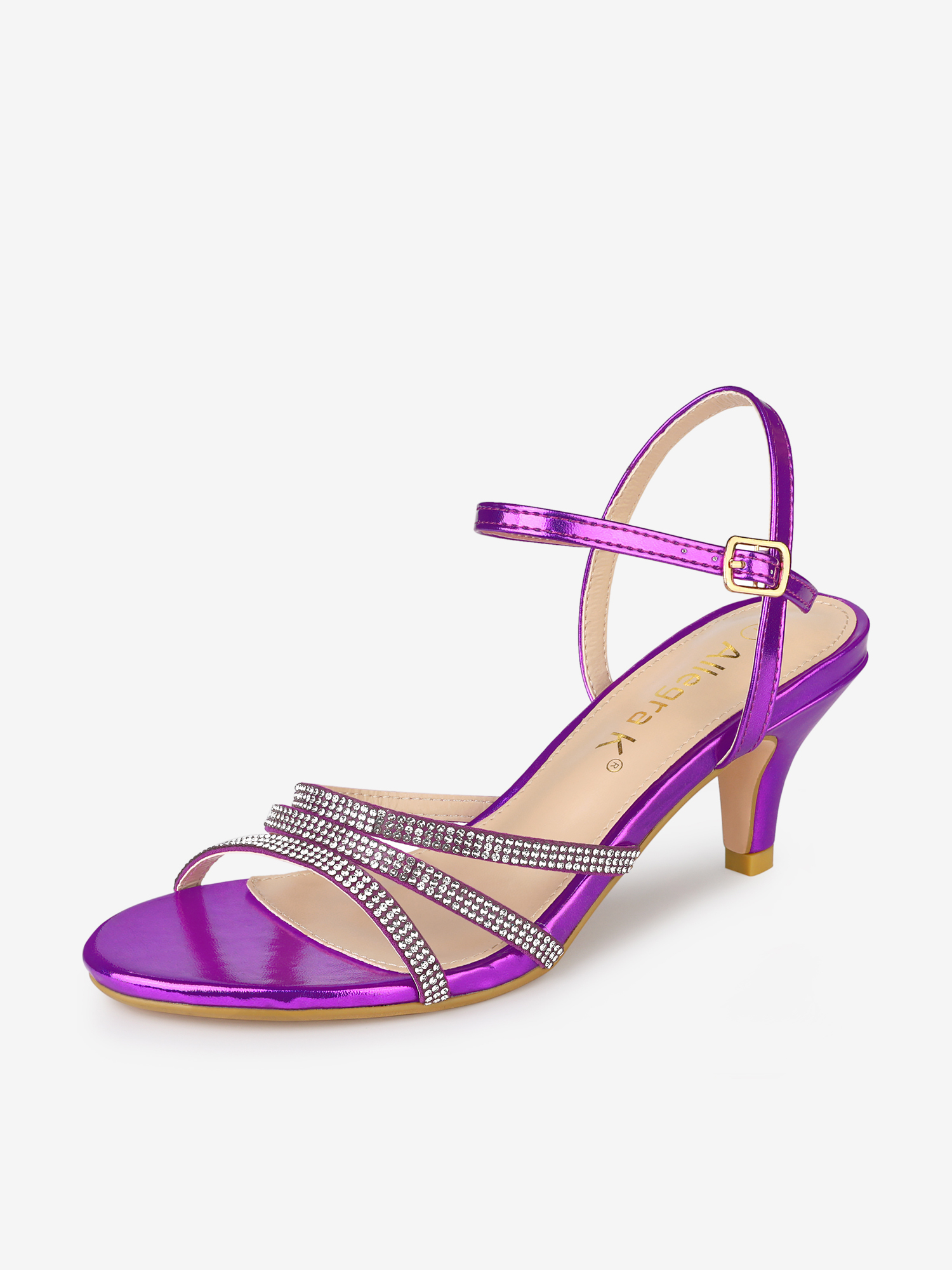 Ankle Strap Rhinestone Round Toe Kitten Heel Sandals Purple/6