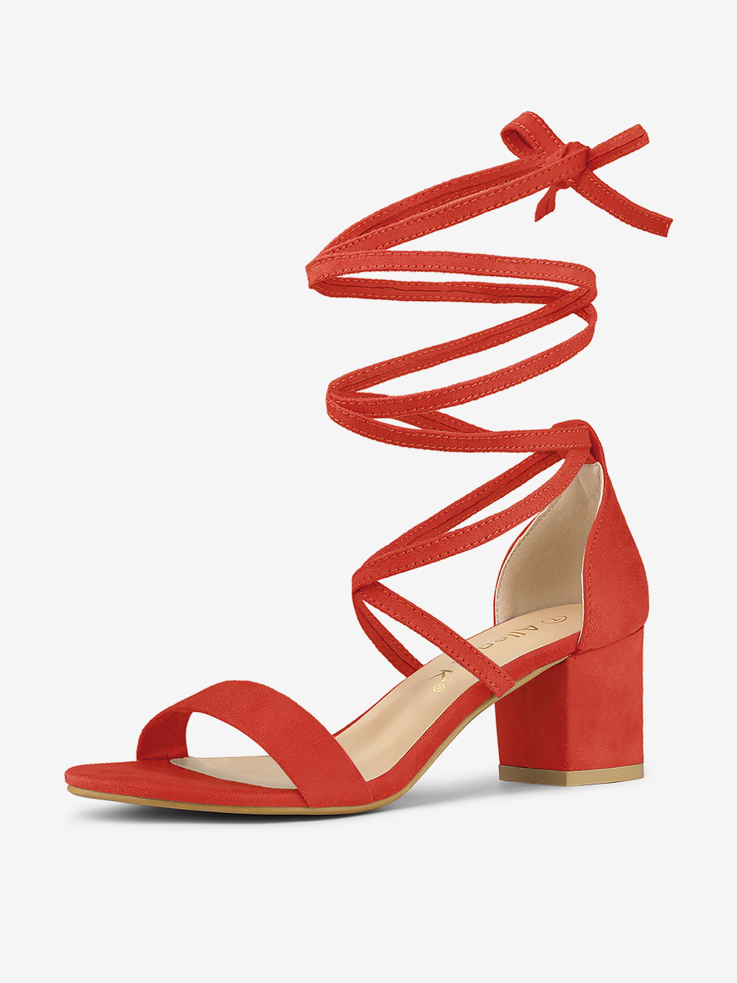 Faux Suede Open Toe Lace Up Mid Chunky Heel Sandals Orange/7.5