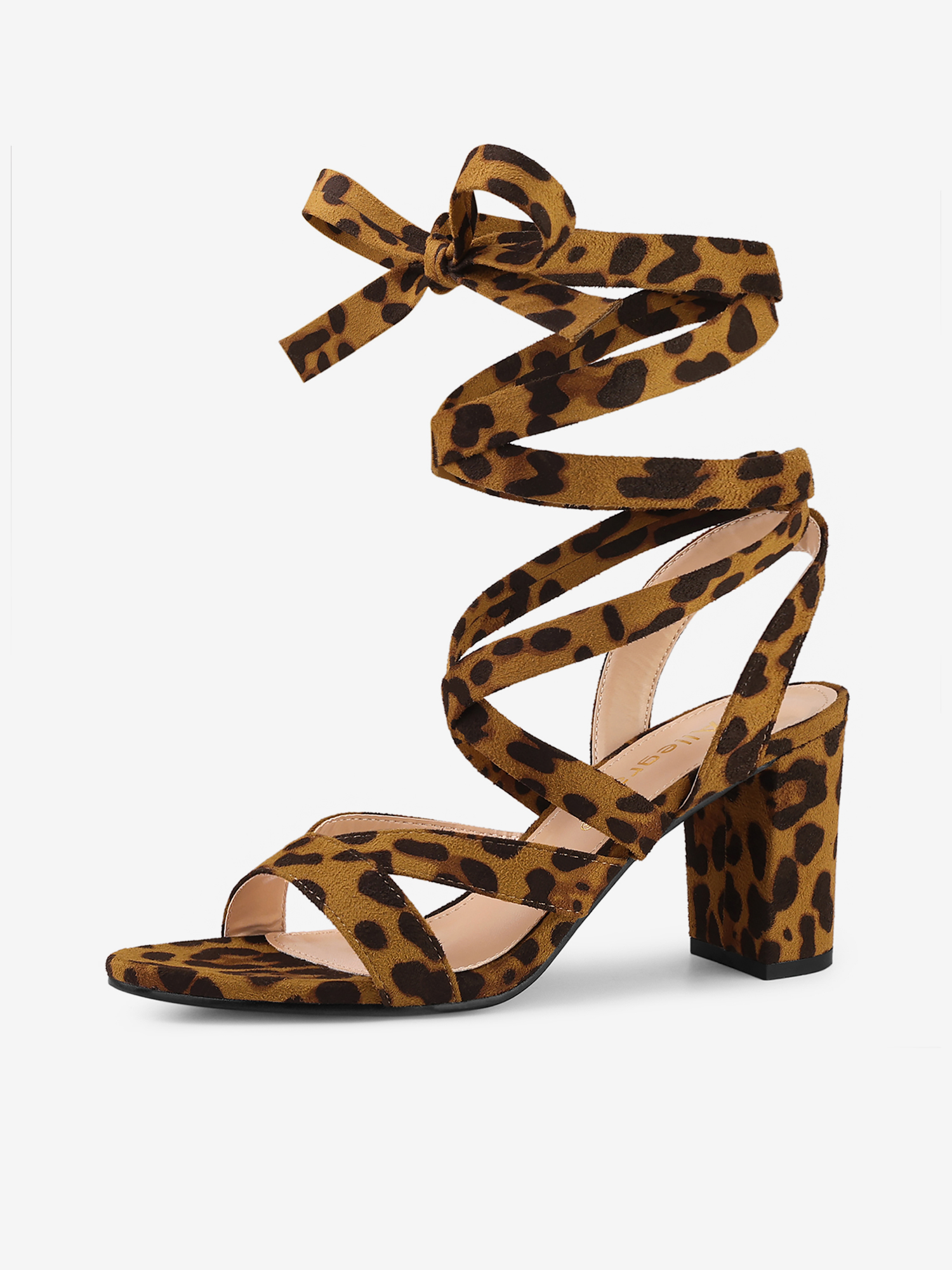 Faux Suede Chunky Heel Ankle Crisscross Lace Up Sandals Leopard/7.5