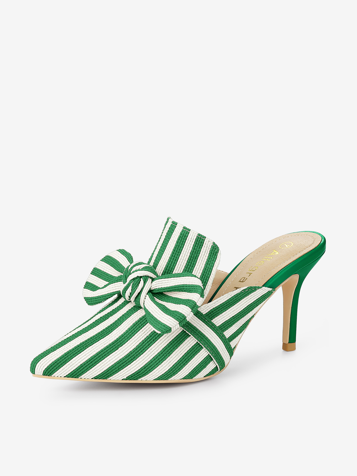 Stripe Bow Slip on Stiletto Heel Slides Mules Green/8
