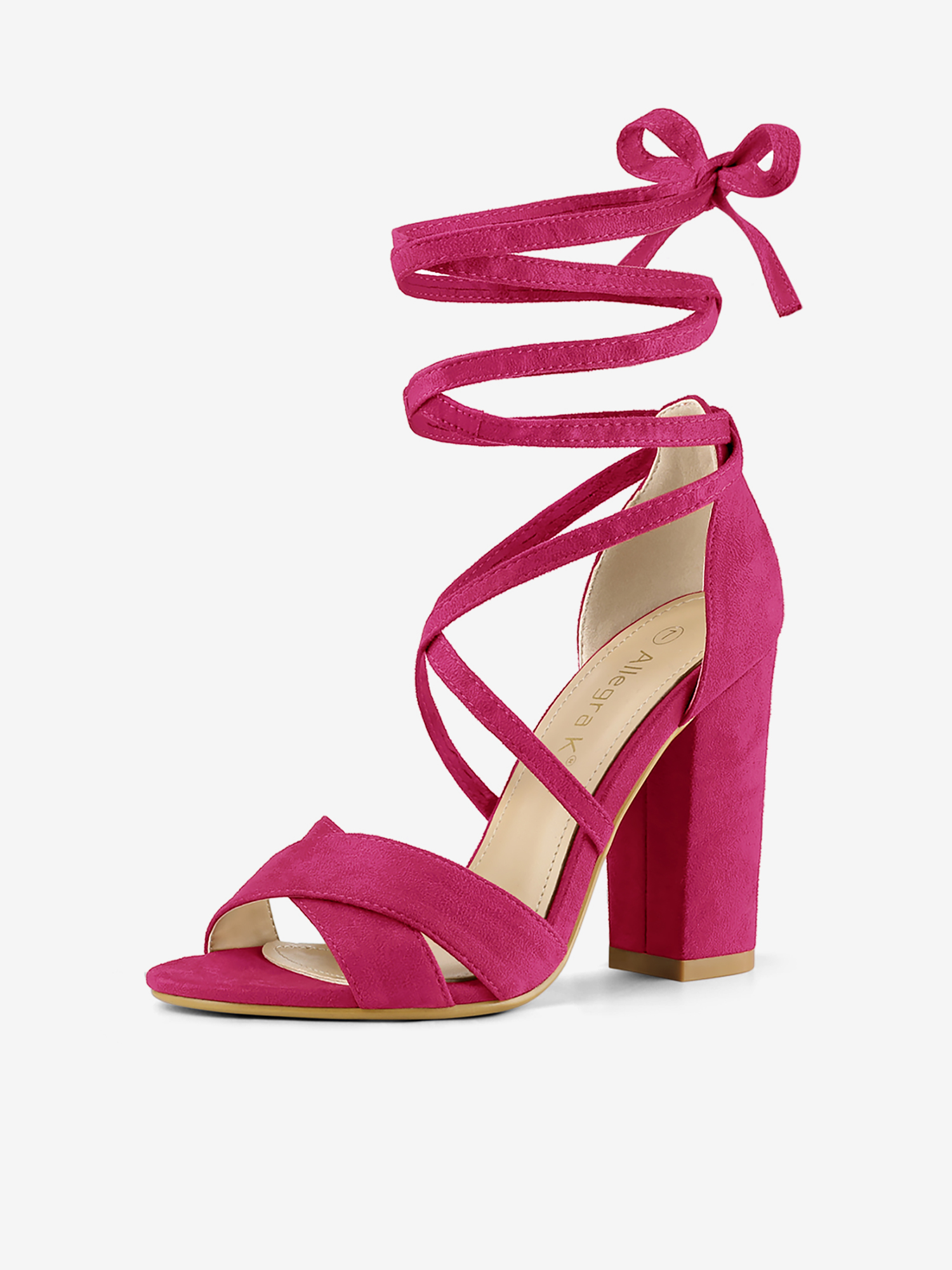 Faux Suede Crisscross Front Block Heel Lace Up Sandals Hot Pink/6.5