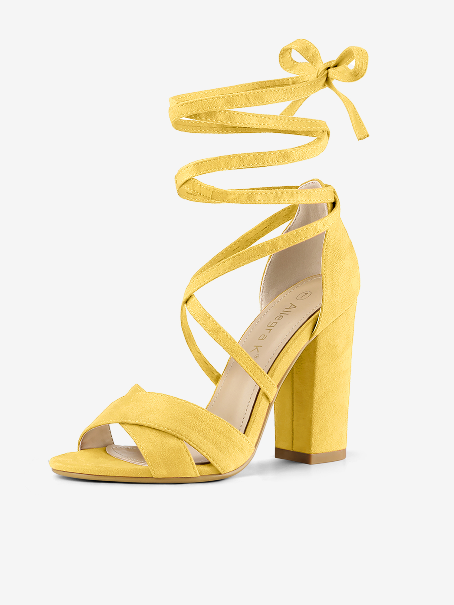 Faux Suede Crisscross Front Block Heel Lace Up Sandals Yellow/7.5