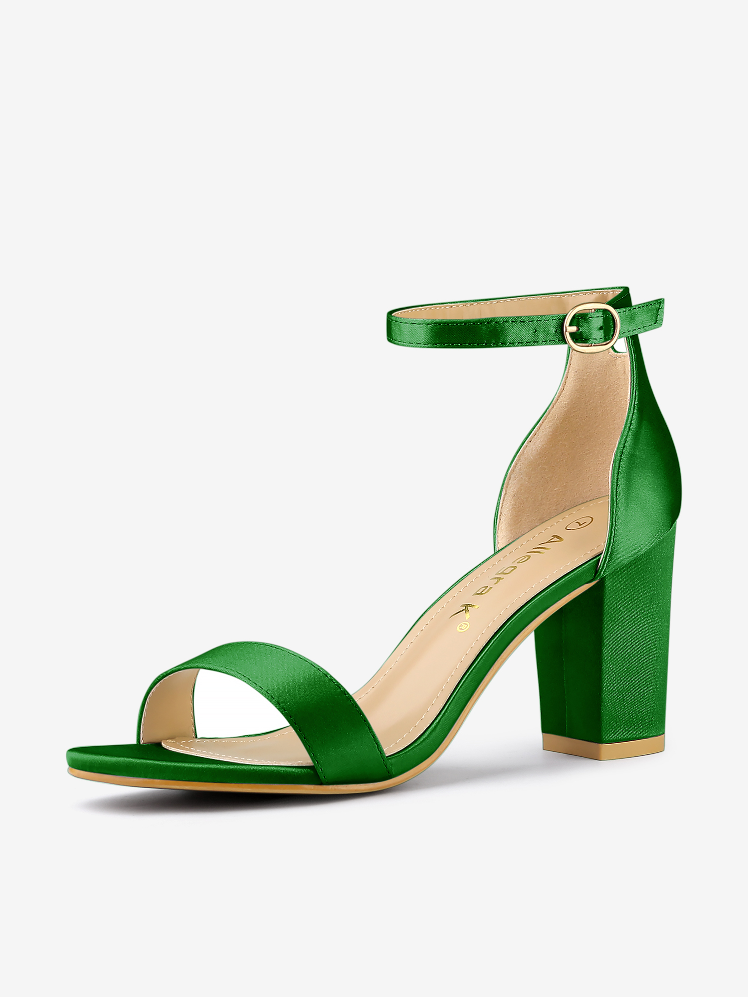 Satin Open Toe Ankle Strap Chunky Heel Sandals Green/6.5