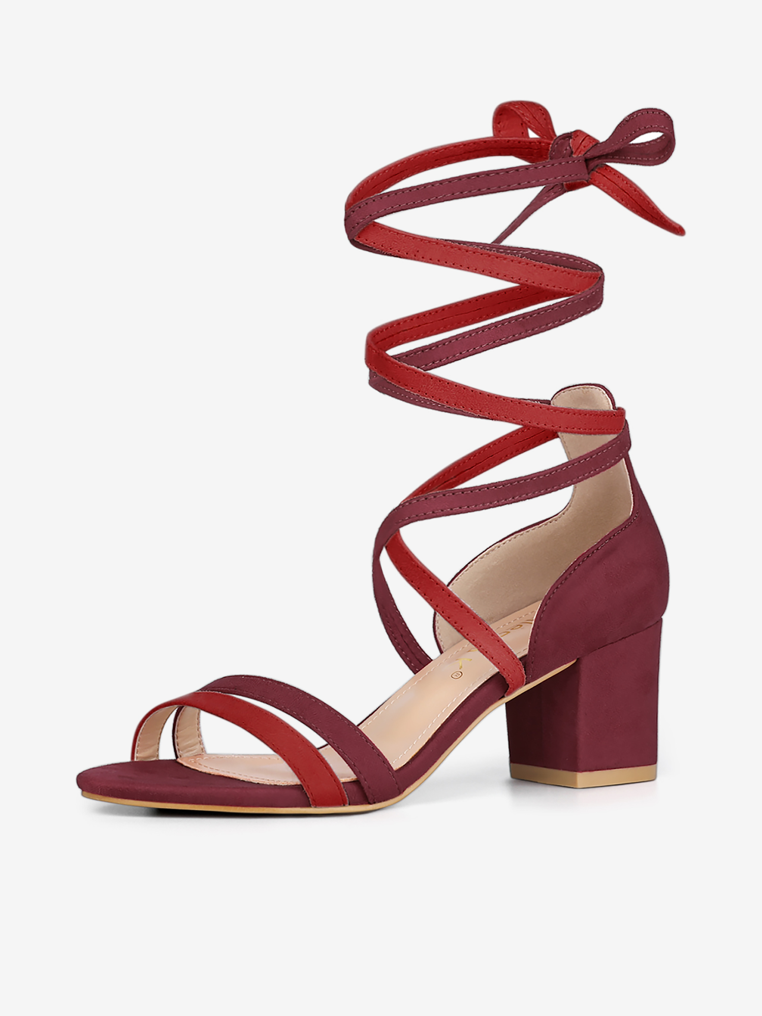 Open Toe Color Block Heel Lace Up Sandals Burgundy Red/9