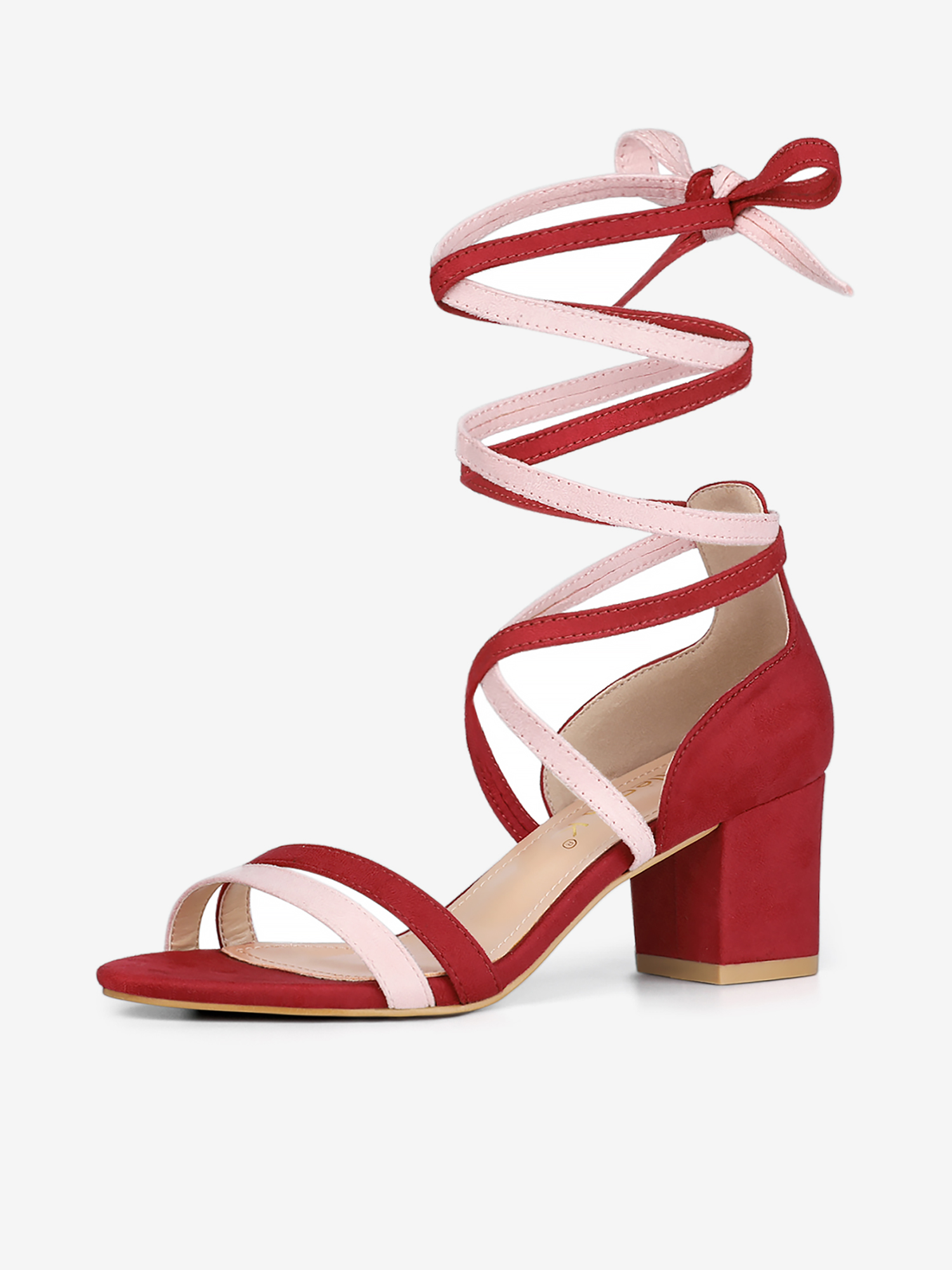 Open Toe Color Block Heel Lace Up Sandals Red Pink/7.5