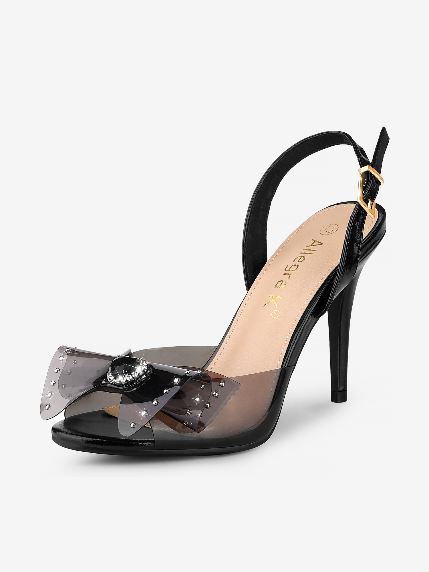 Women's Bow Rhinestone Peep Toe Slingback Stiletto Heels Sandals Clear Black/8