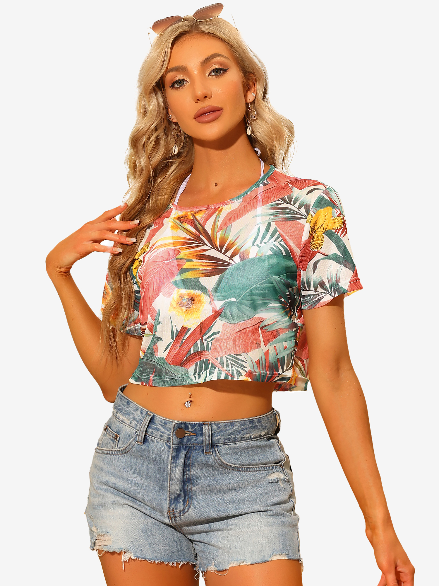 Hawaiian Sheer Short Sleeve Leaves Print Tropical Crop Top Green/M