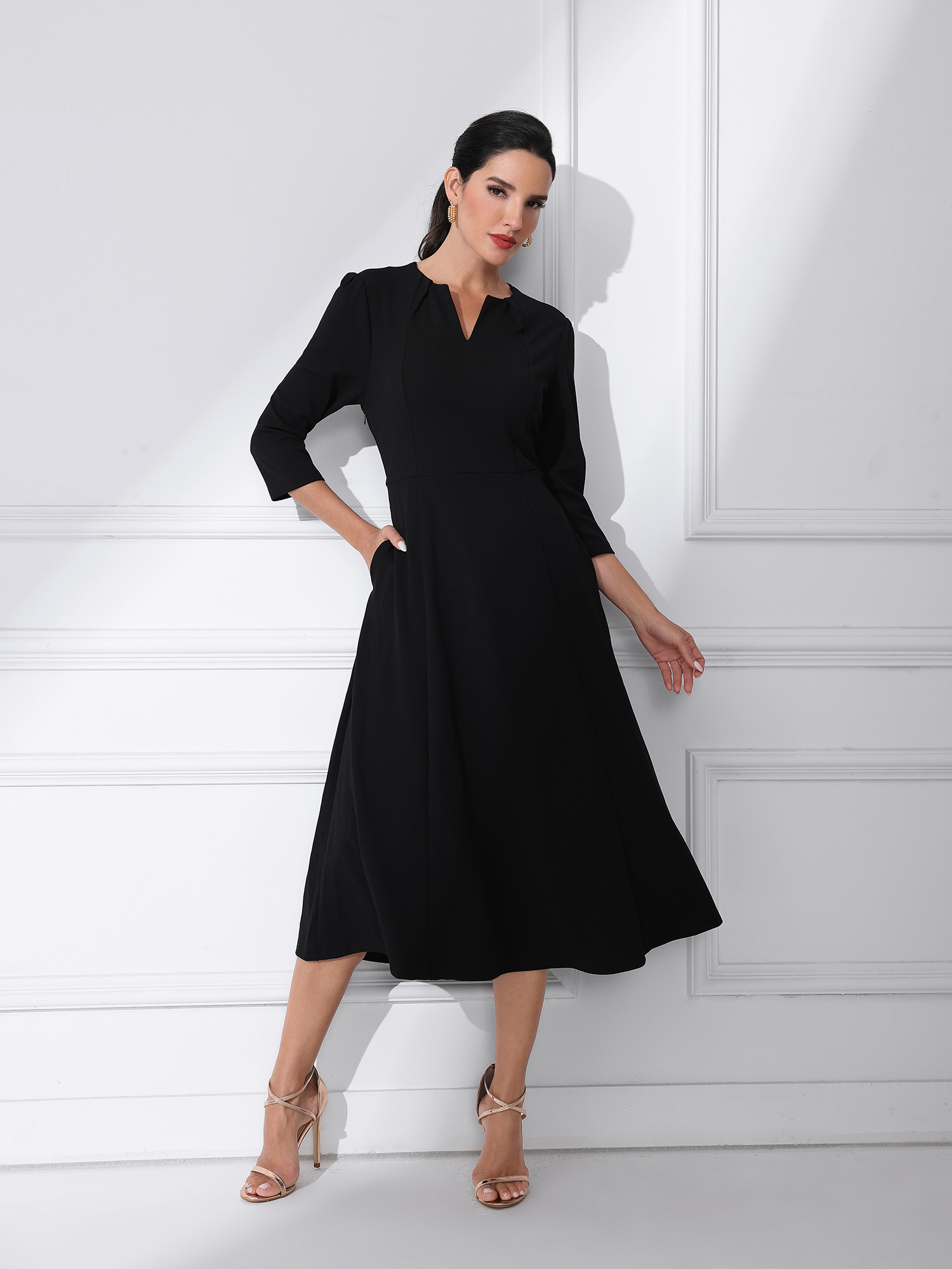 Notch Neck Pocketed 3/4 Sleeve Solid A-Line Work Dress Black/M