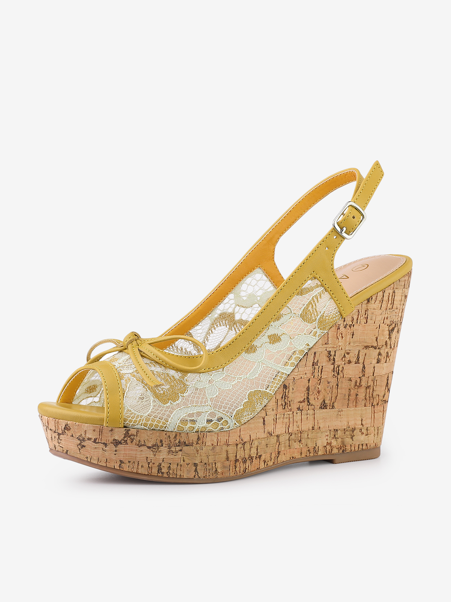 Lace Open Toe Platform Wedge Heel Bow Decor Sandals Yellow Green/10