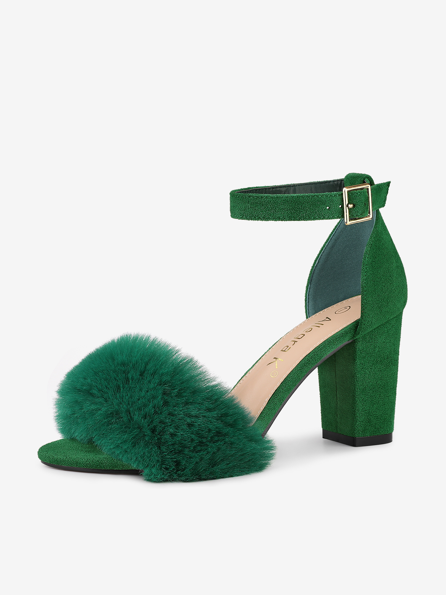 Faux Fur Ankle Strap Block Heel Sandals Green/6