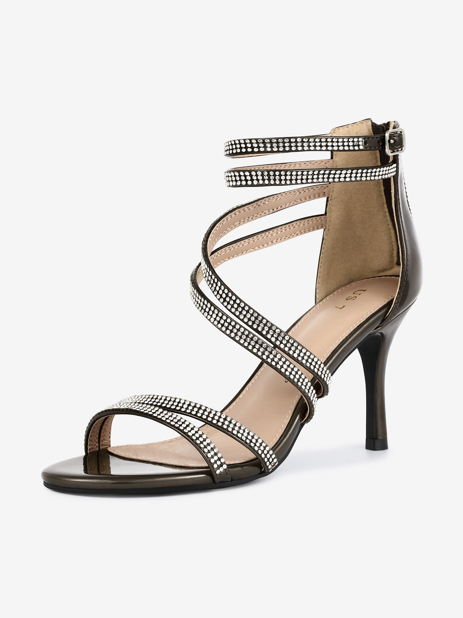 Ankle Strap Rhinestone Stiletto Heel Sandals Gunmetal/6