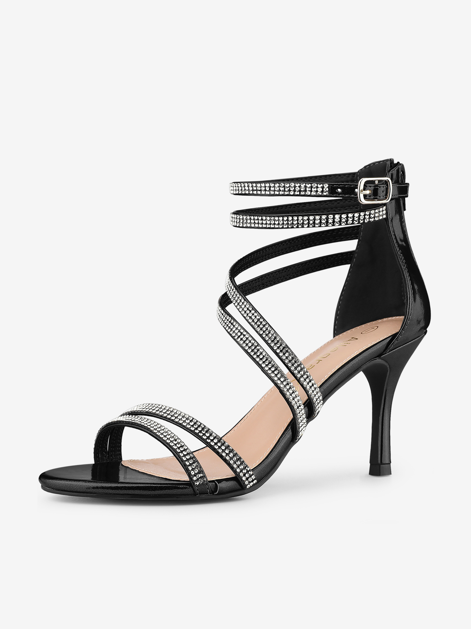 Ankle Strap Rhinestone Stiletto Heel Sandals Black/9