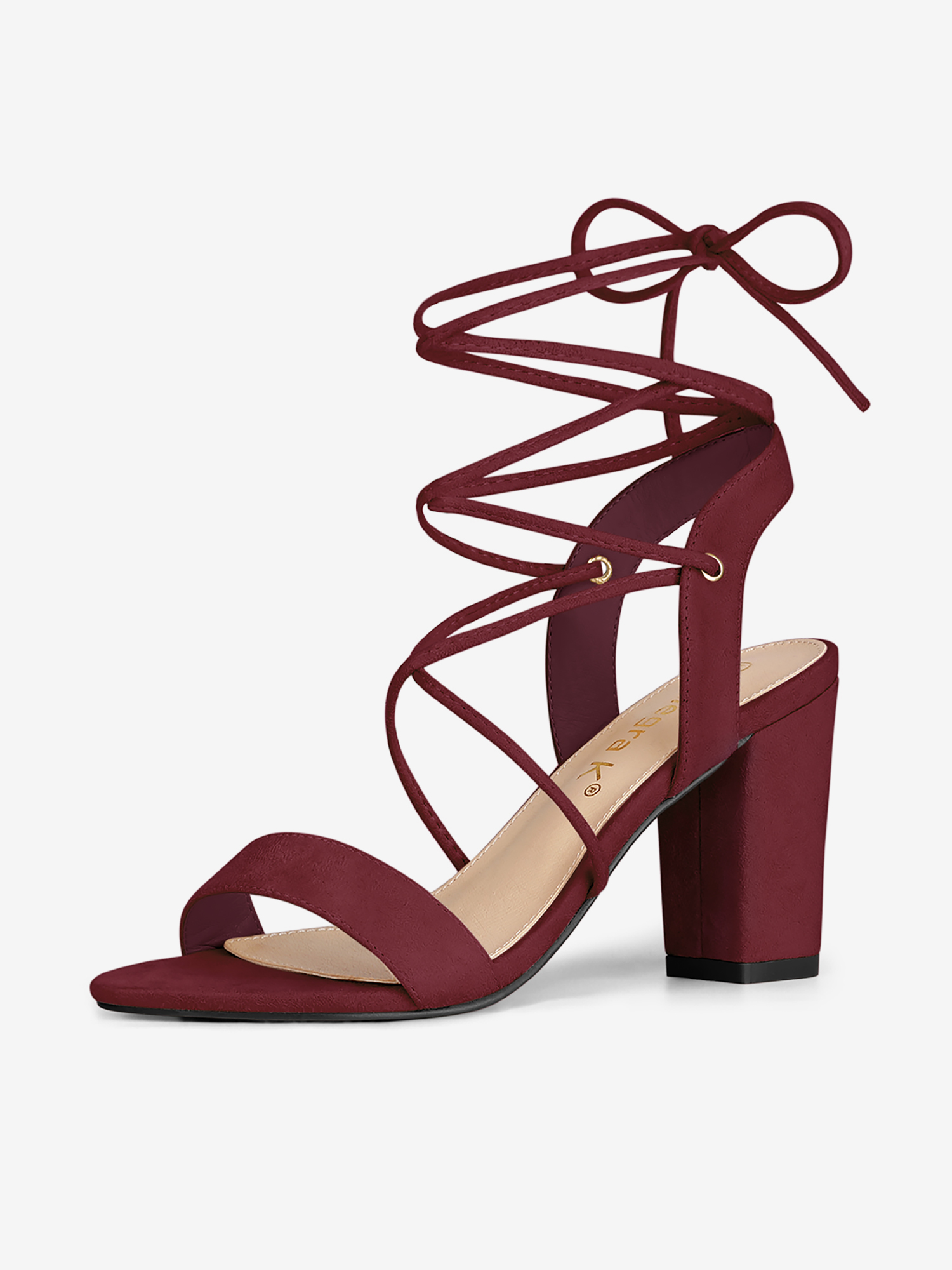 Open Toe Ankle Lace Up Block High Heel Sandals Burgundy/9