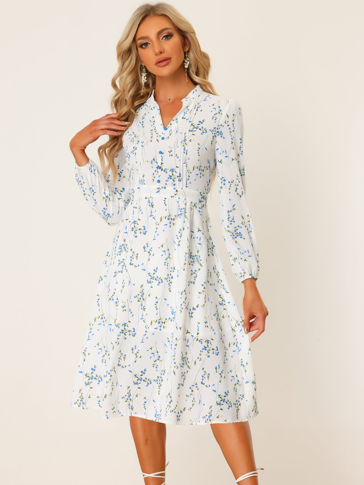 Floral Print Long Sleeve Spring Flowy Midi Boho Dress White/S