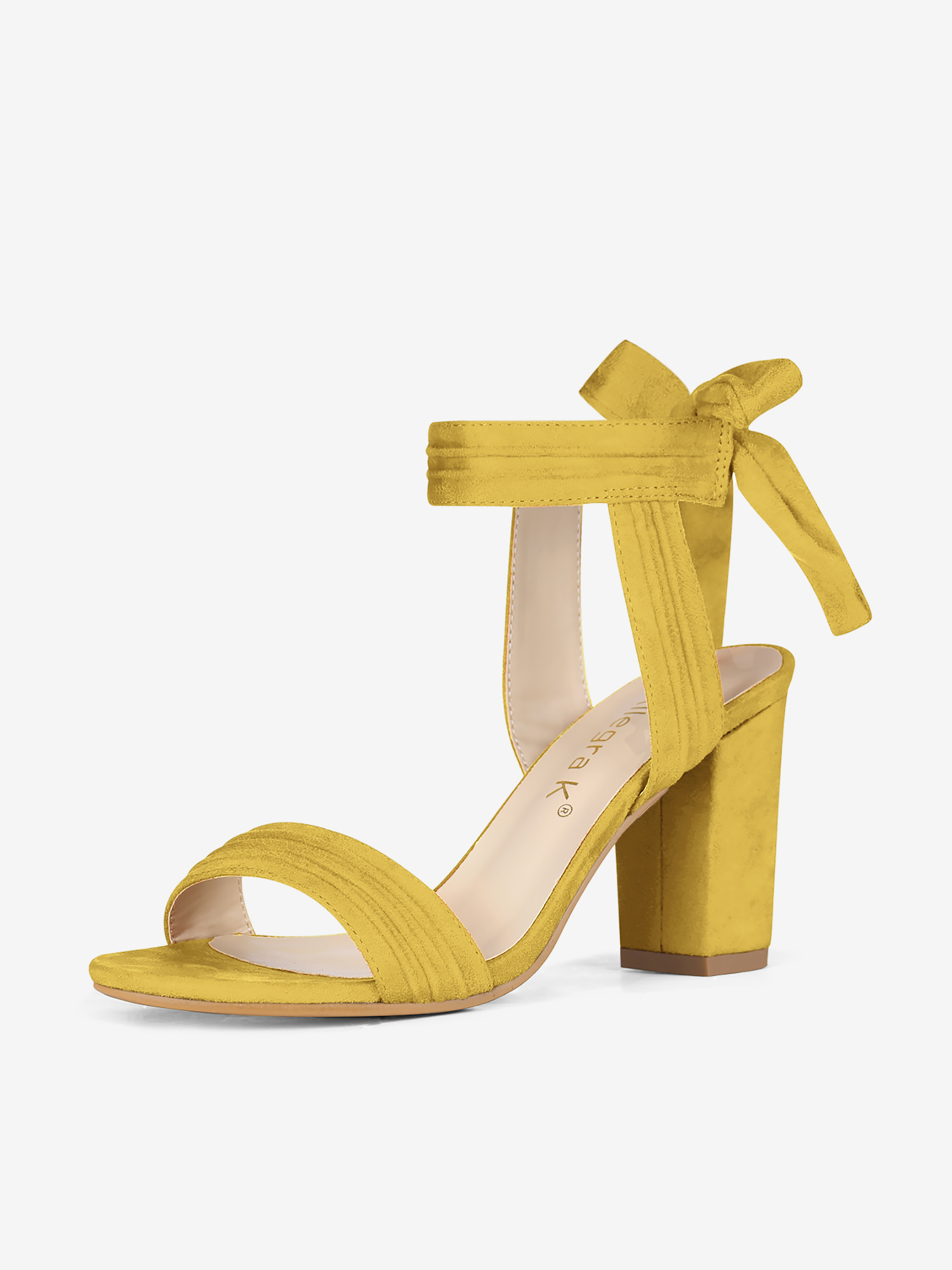 Open Toe Ankle Tie Back Faux Suede Chunky Heel Sandals Yellow/12