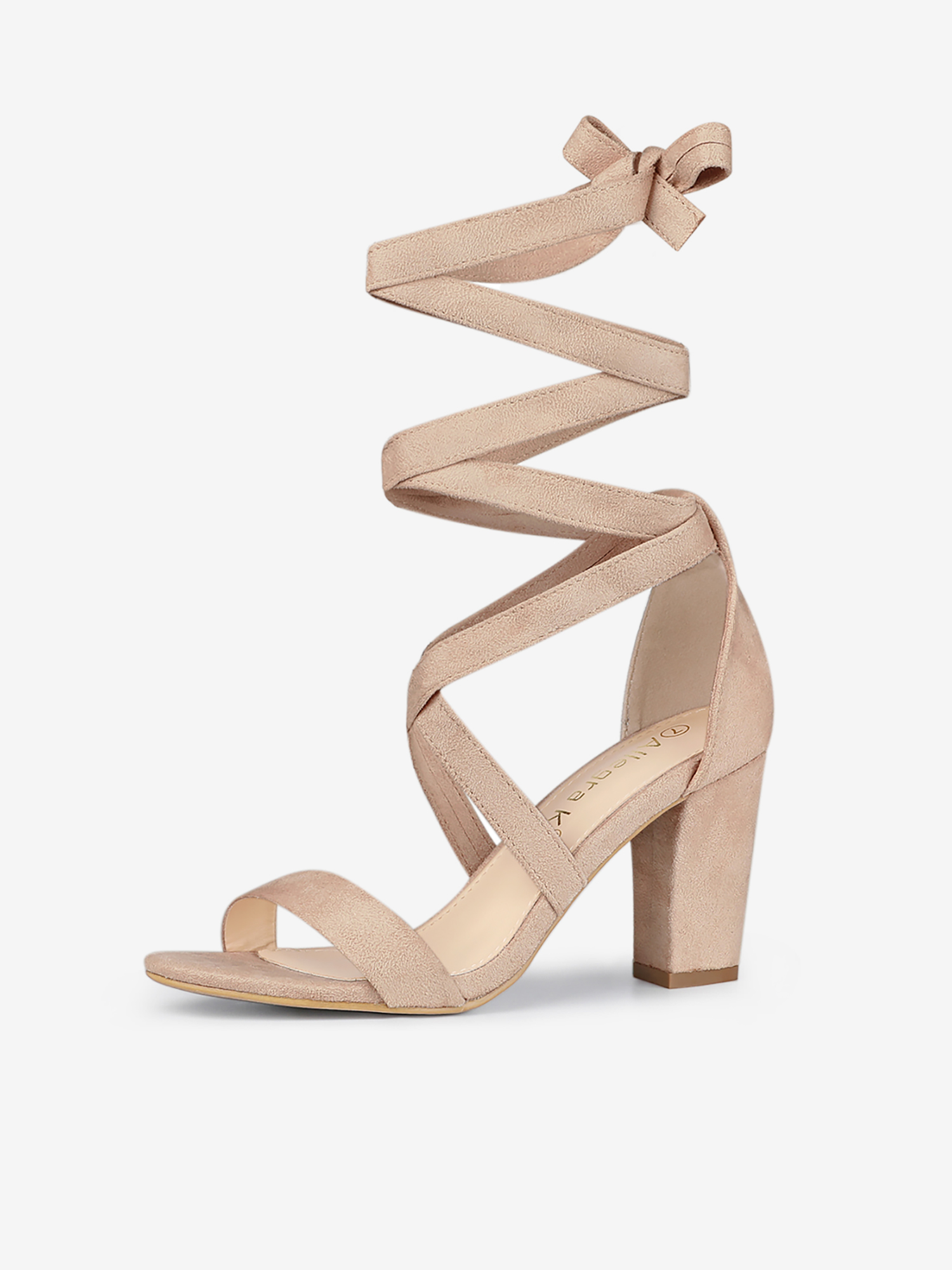Faux Suede Crisscross Lace Up Block Mid Heel Sandals Nude/9
