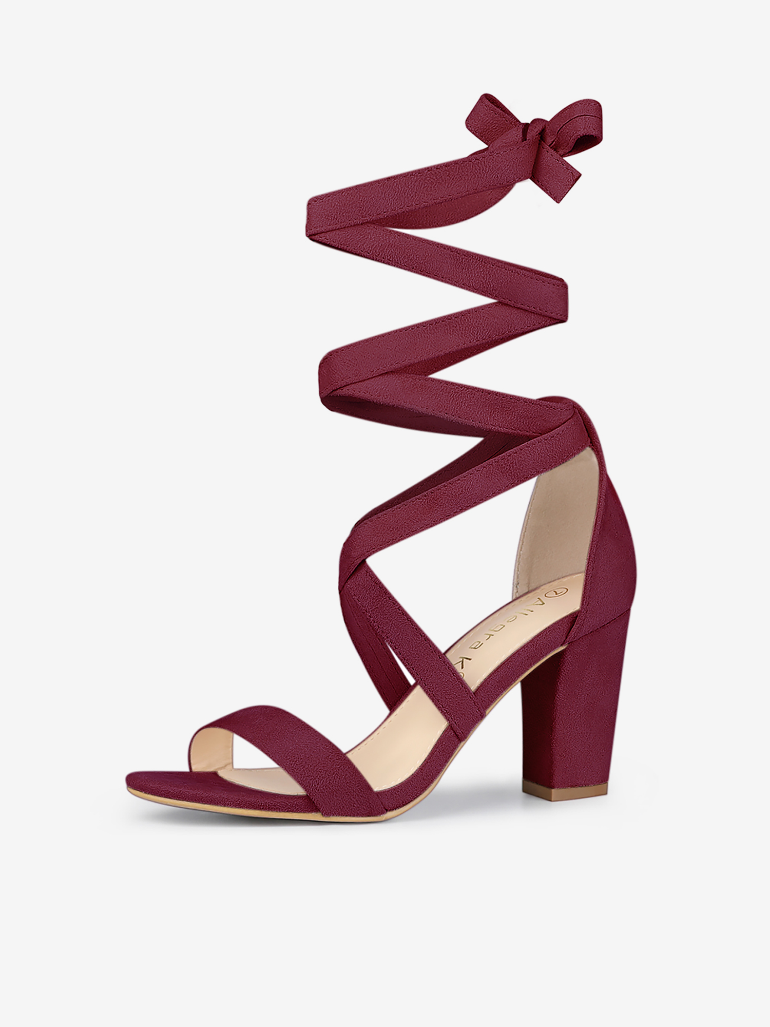 Faux Suede Crisscross Lace Up Block Mid Heel Sandals Burgundy/5.5