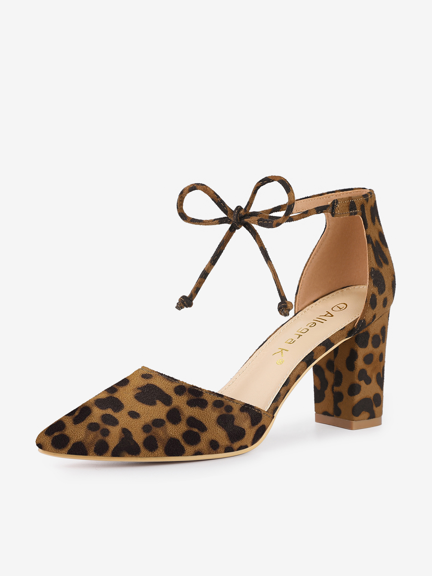 Tapered Straps Ankle Tie Point Toe Chunky Heel Pumps Leopard/10